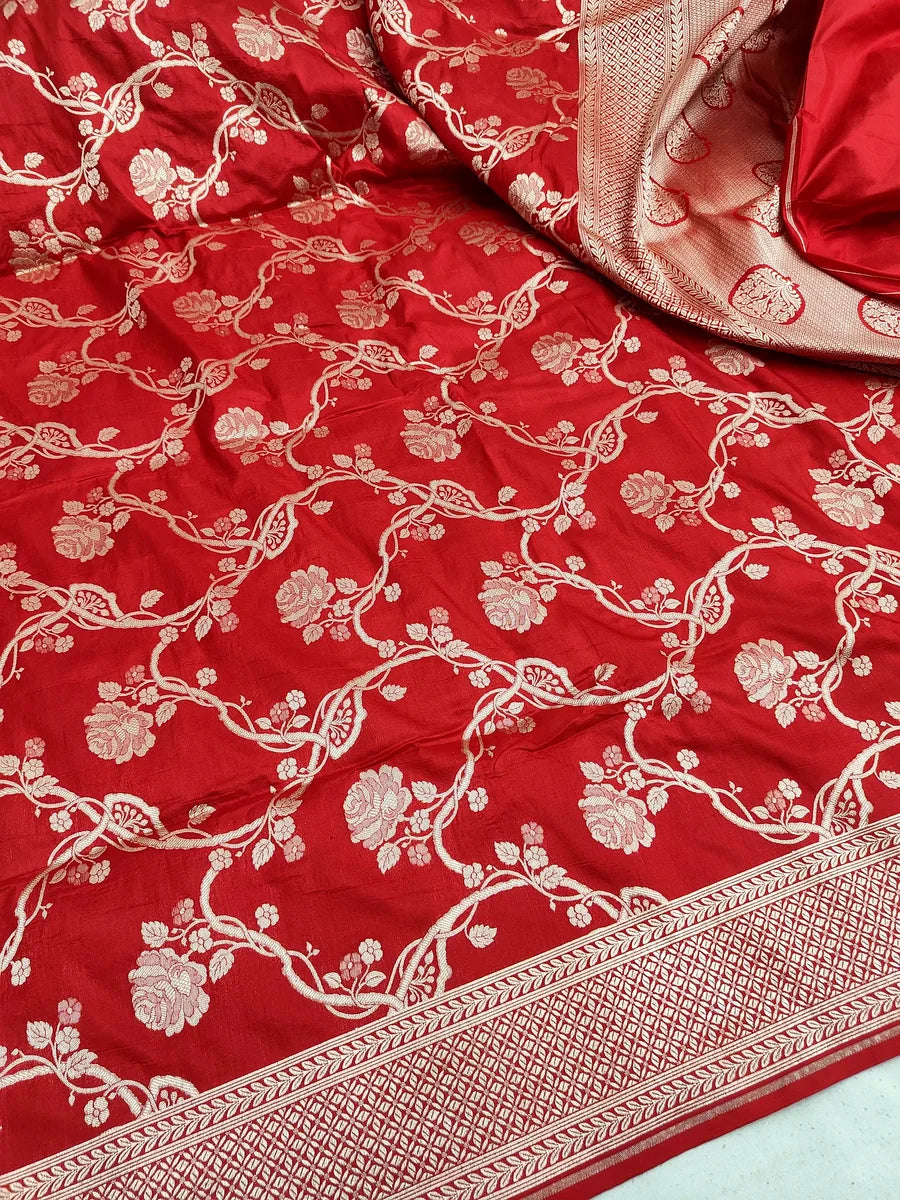 Pure Katan Silk Banarasi Saree with Floral Jaal Zari Weaving