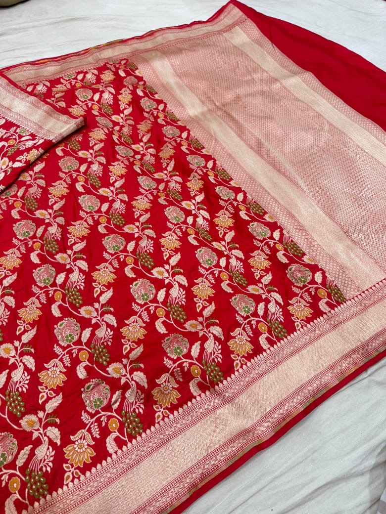 Pure Katan Silk Tilfi Minakari Banarasi Saree – Big Buta Motifs & Heavy Pallu
