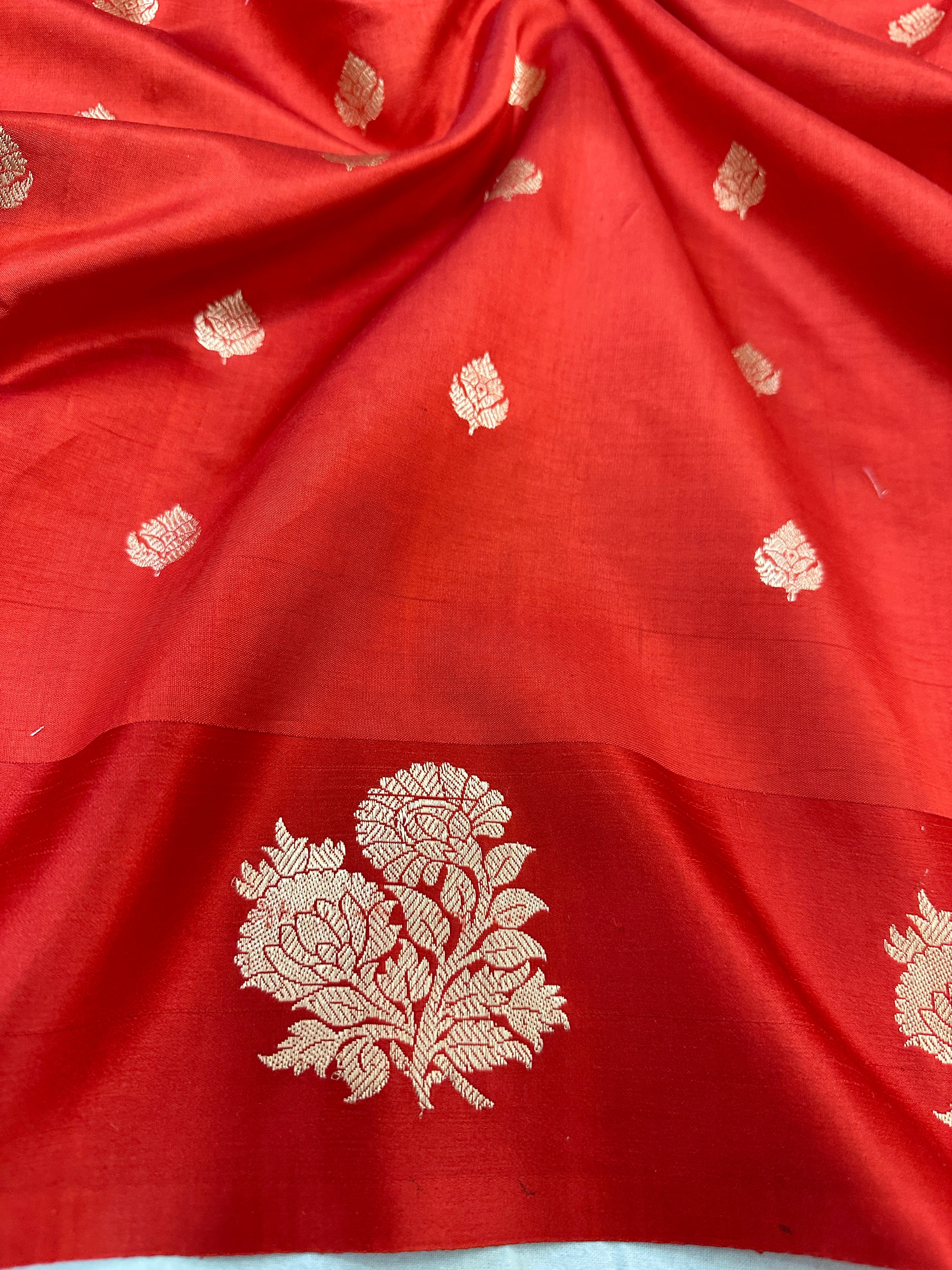 Pure Raw Mango Silk Banarasi Handloom Saree | Kadhwa Weave | Red Gold Zari Floral Booti