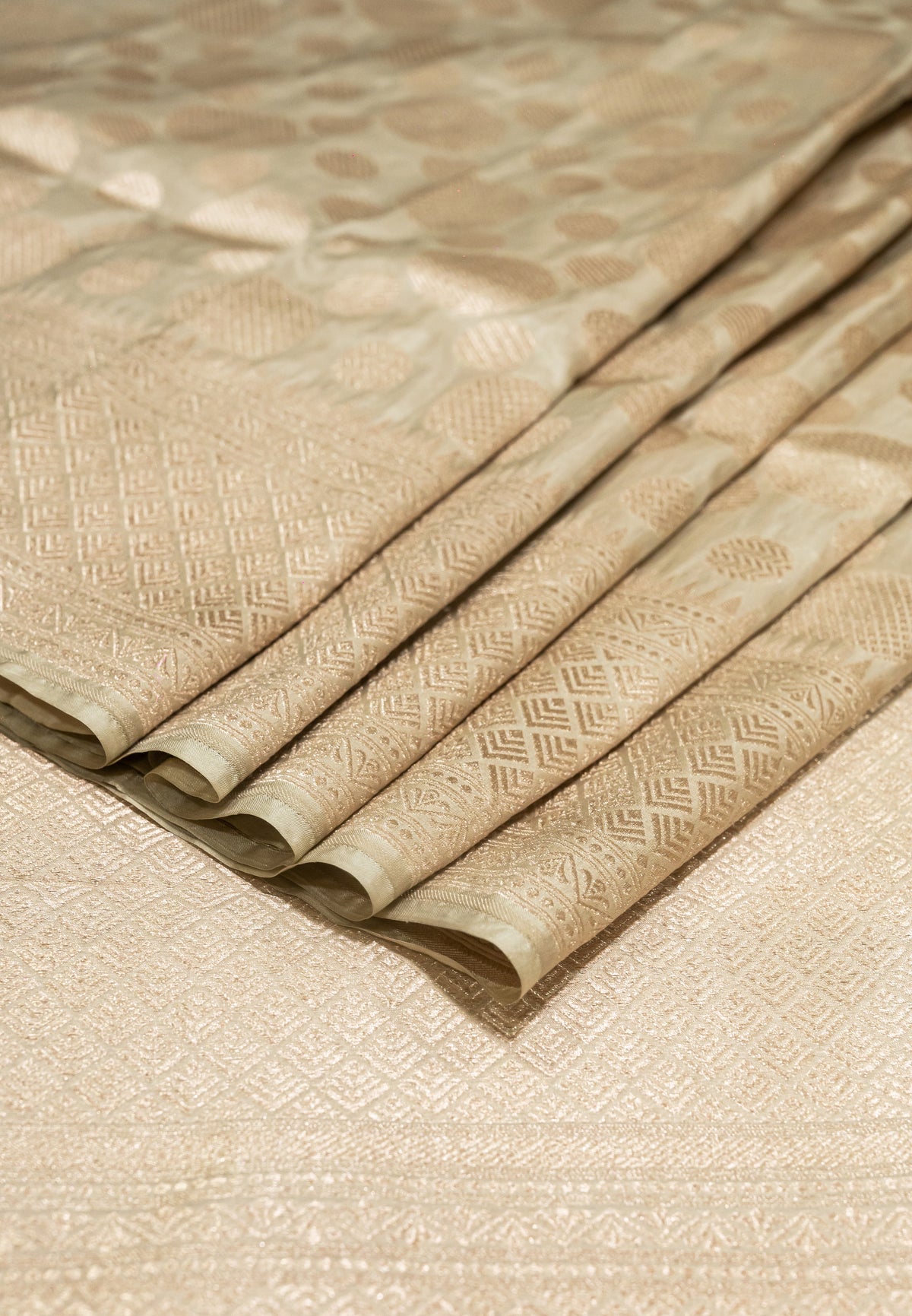 Pure Katan Silk Banarasi Handwoven Saree | Ivory Cream with Self-Tone Gold Zari Buta | Uppada Weave | Bridal Saree