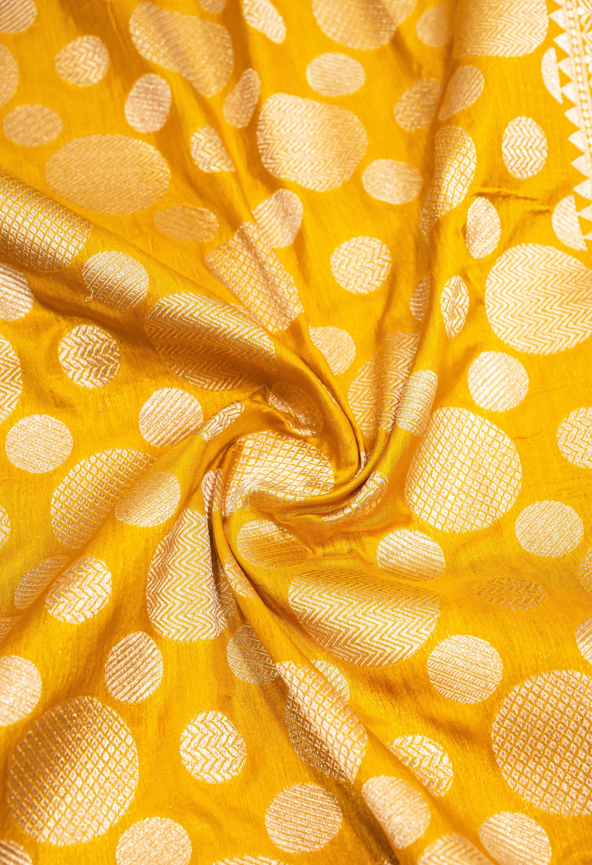 Pure Katan Silk Banarasi Handwoven Saree | Yellow with Gold Zari Buta | Uppada Weave | Festive Wedding Saree