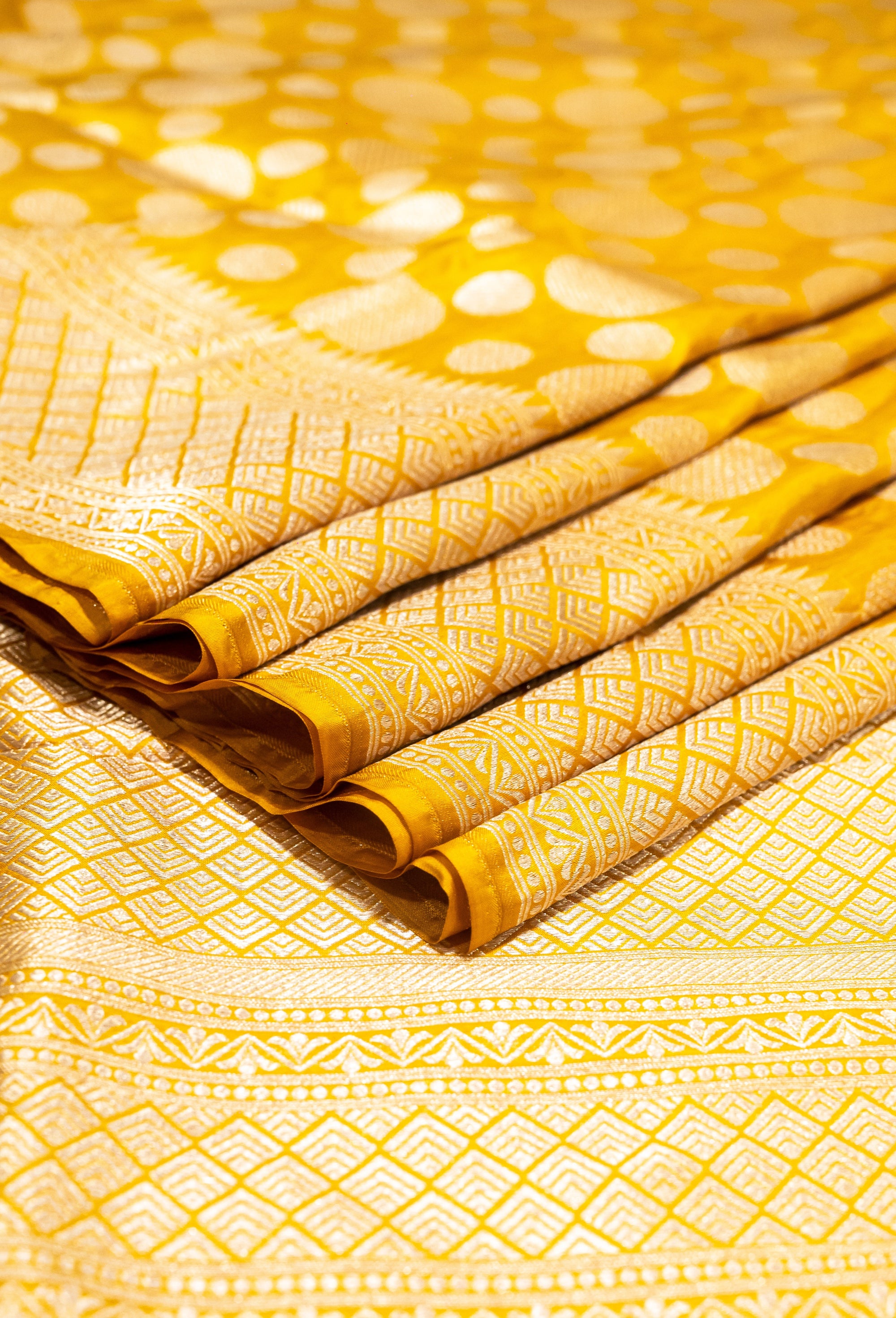 Pure Katan Silk Banarasi Handwoven Saree | Yellow with Gold Zari Buta | Uppada Weave | Festive Wedding Saree