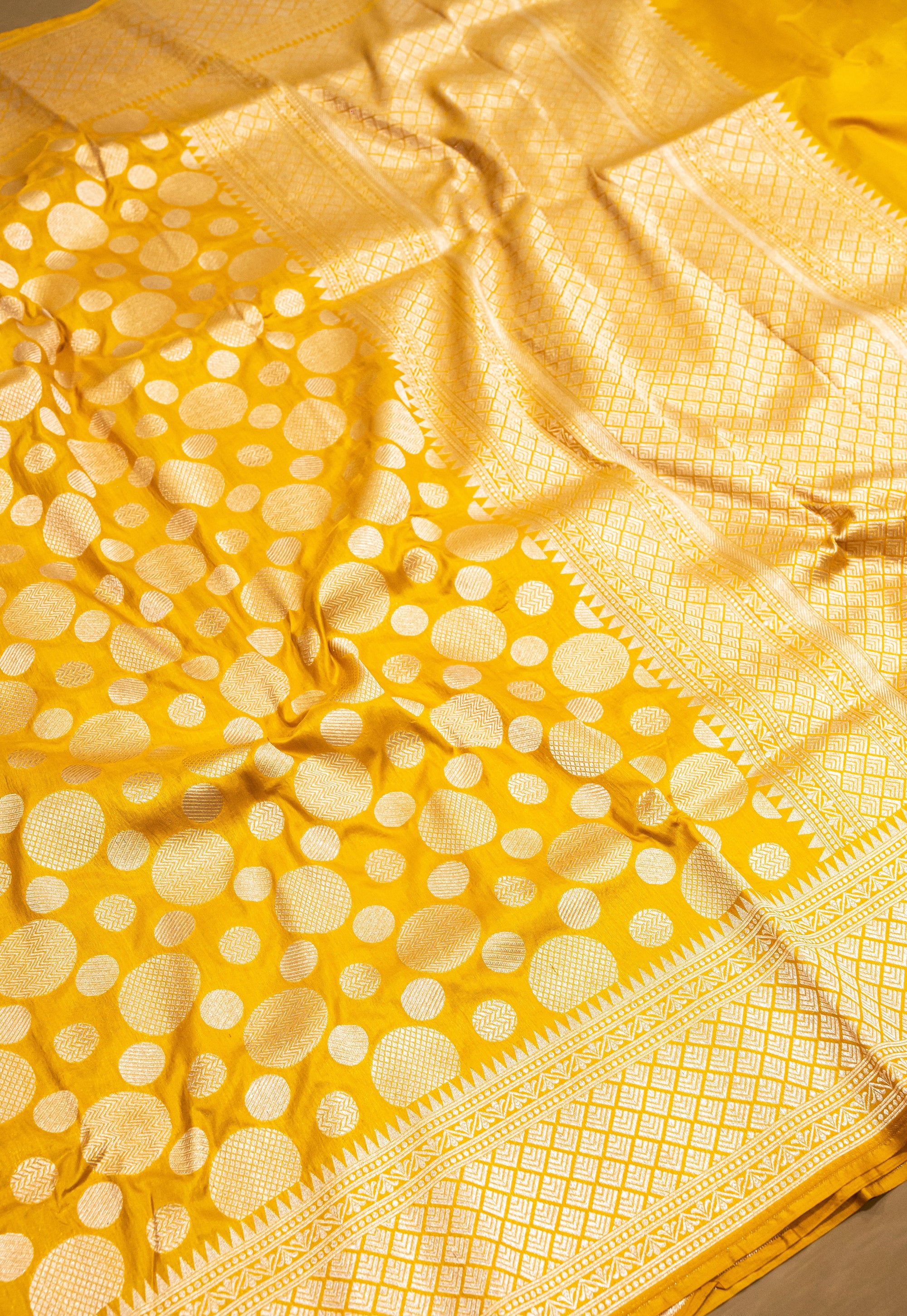 Pure Katan Silk Banarasi Handwoven Saree | Yellow with Gold Zari Buta | Uppada Weave | Festive Wedding Saree