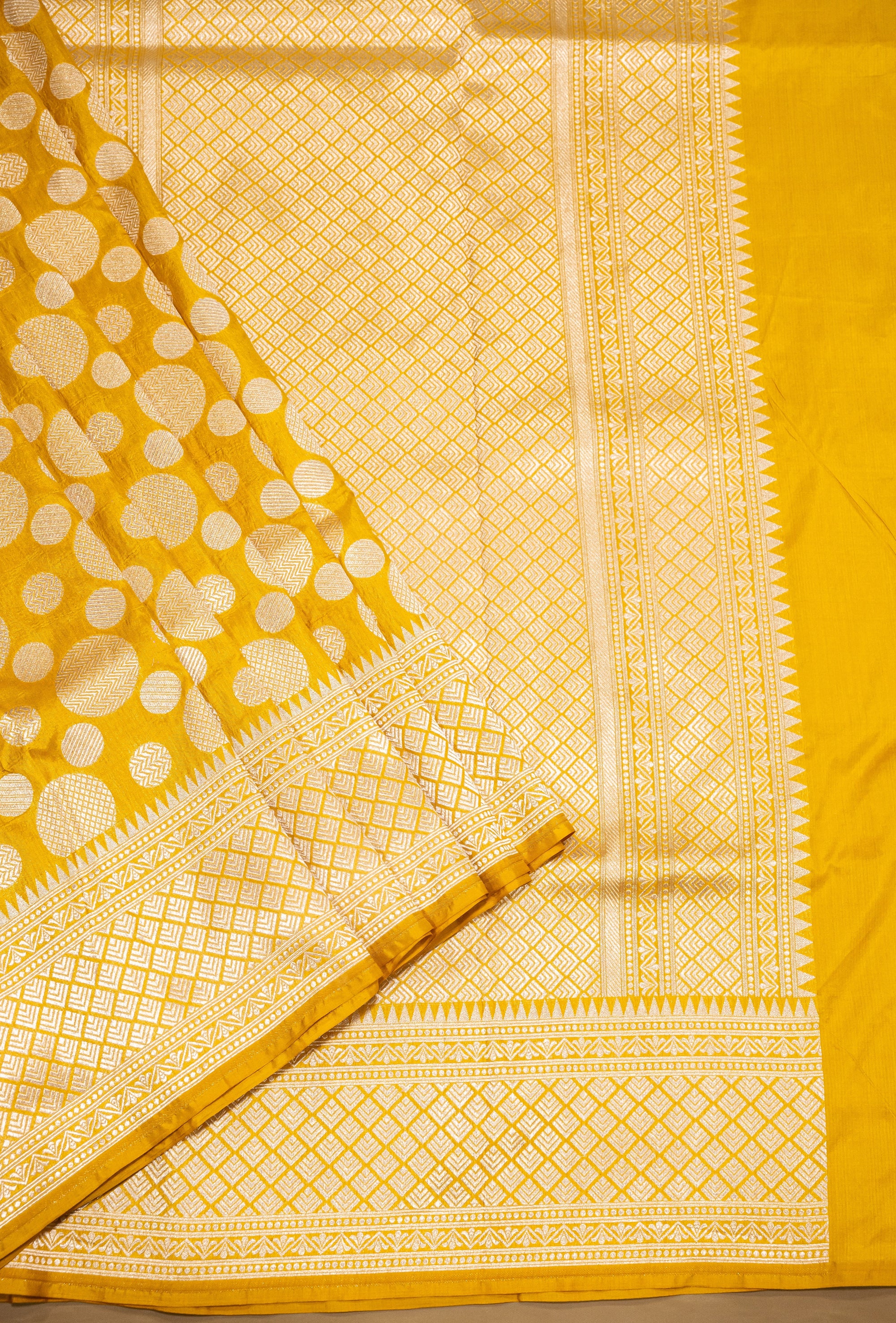 Pure Katan Silk Banarasi Handwoven Saree | Yellow with Gold Zari Buta | Uppada Weave | Festive Wedding Saree
