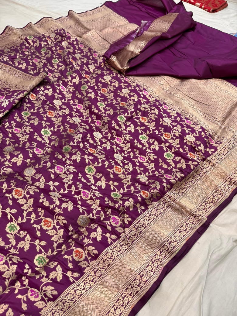 Pure Katan Silk Tilfi Minakari Banarasi Saree – Big Buta Motifs & Heavy Pallu
