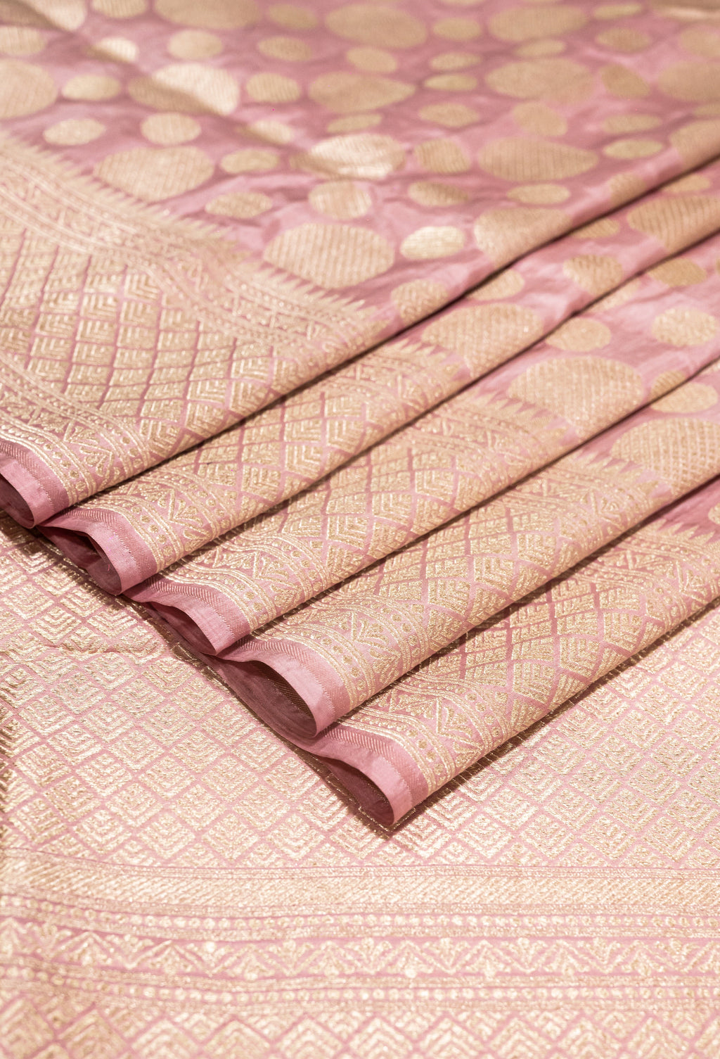 Blushing Pink Pure Katan Silk Banarasi Handwoven Saree | Blushing Pink with Gold Zari Buta | Uppada Weave | Wedding Saree