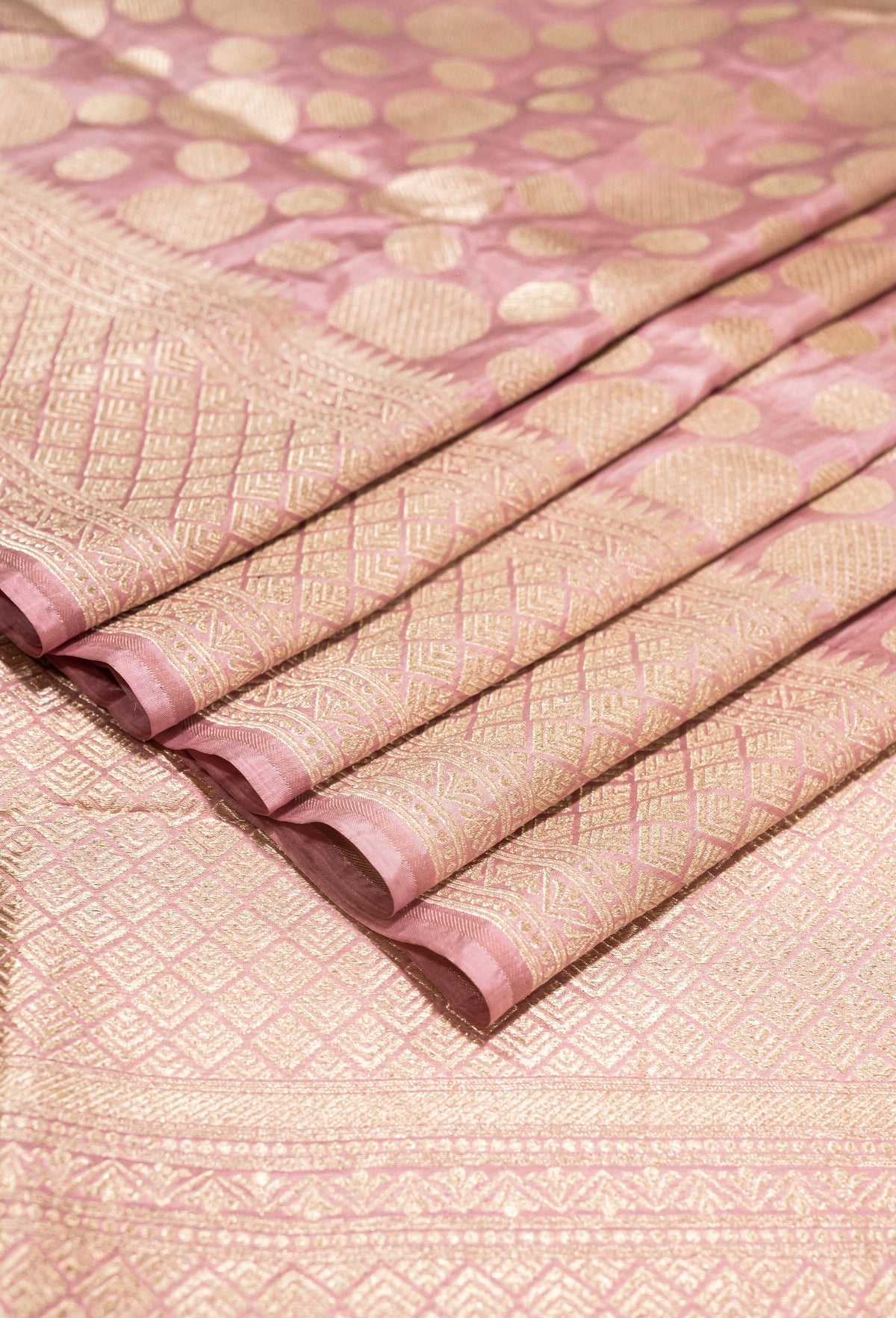Blushing Pink Pure Katan Silk Banarasi Handwoven Saree | Blushing Pink with Gold Zari Buta | Uppada Weave | Wedding Saree