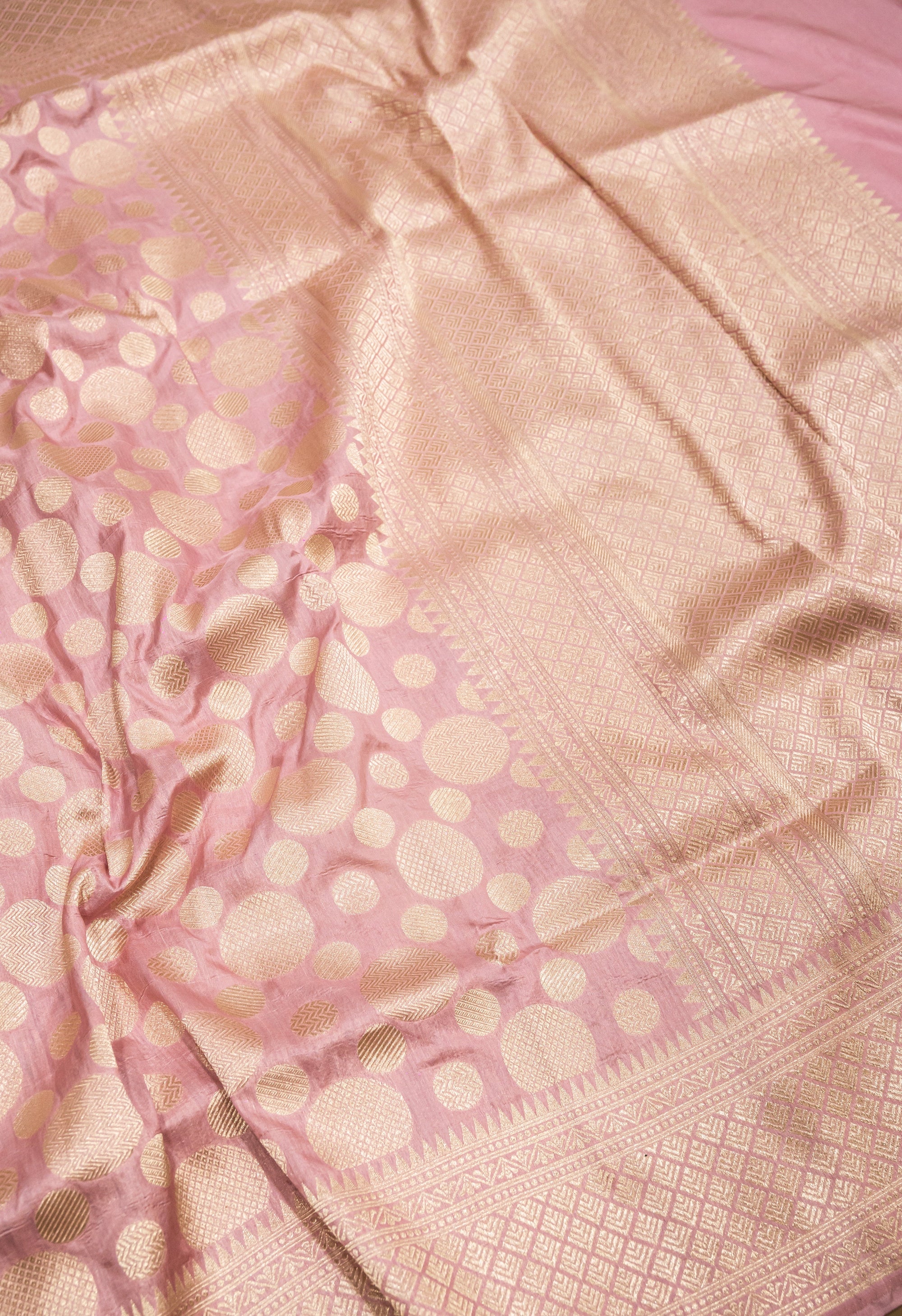 Blushing Pink Pure Katan Silk Banarasi Handwoven Saree | Blushing Pink with Gold Zari Buta | Uppada Weave | Wedding Saree