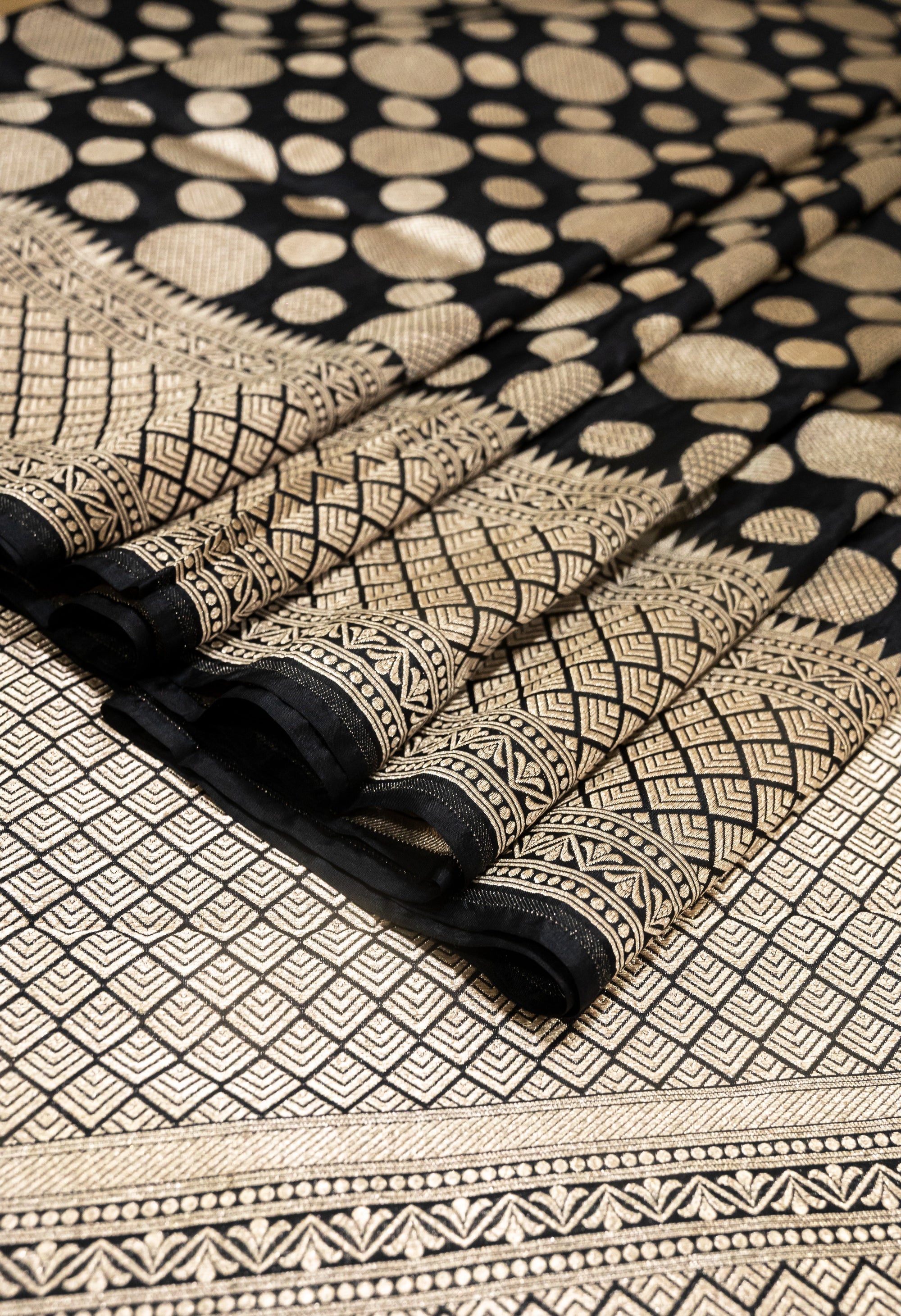 Pure Katan Silk Banarasi Handwoven Saree | Black with Gold Zari Buta | Uppada Weave | Bridal Wedding Saree