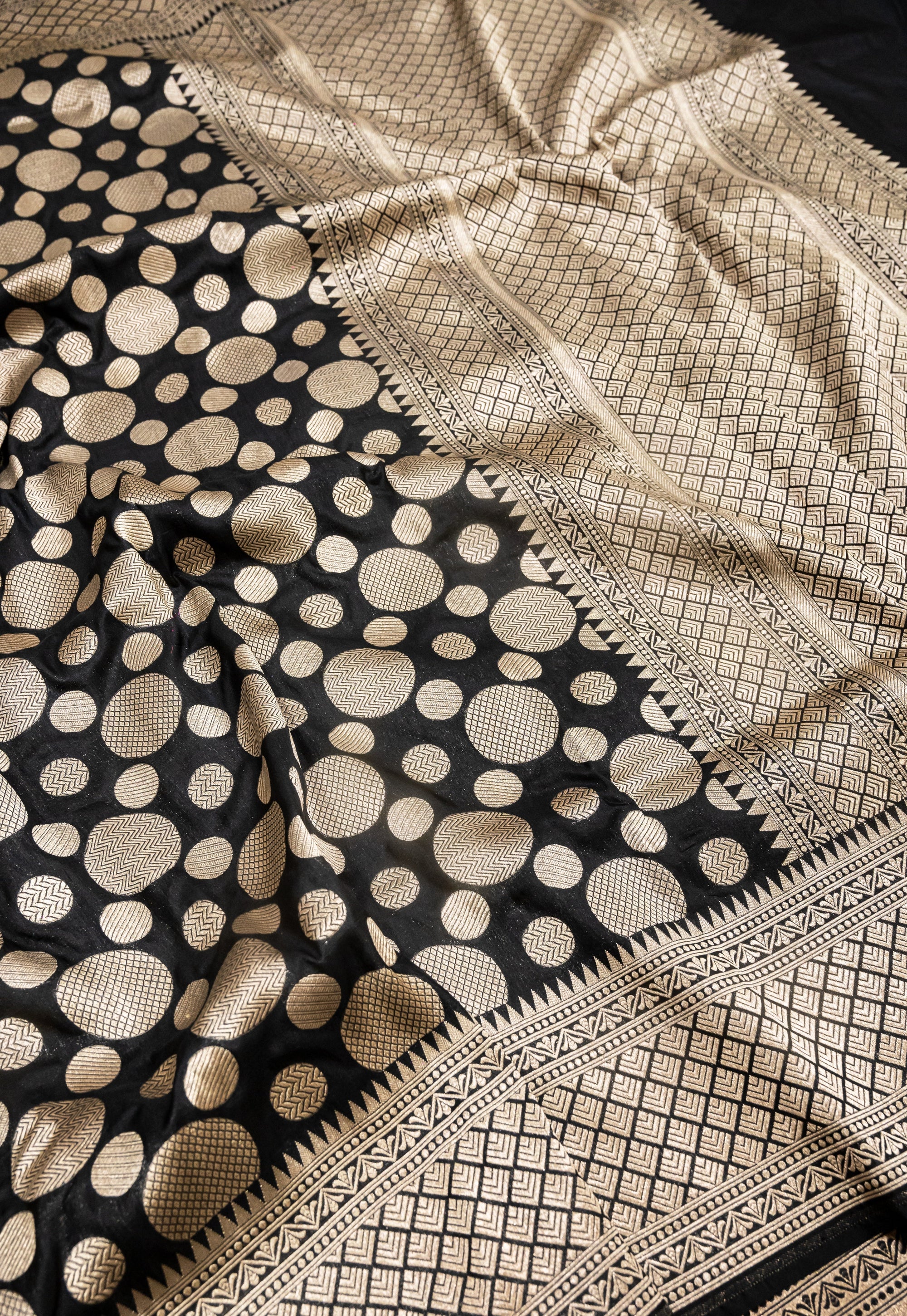 Pure Katan Silk Banarasi Handwoven Saree | Black with Gold Zari Buta | Uppada Weave | Bridal Wedding Saree