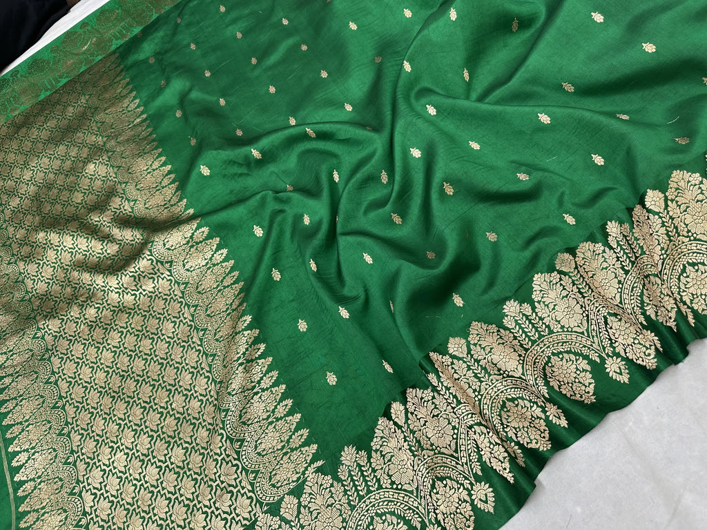 Pure Raw Mango Silk Banarasi Handloom Saree | Kadhwa Weave | Bottle Green Gold Zari