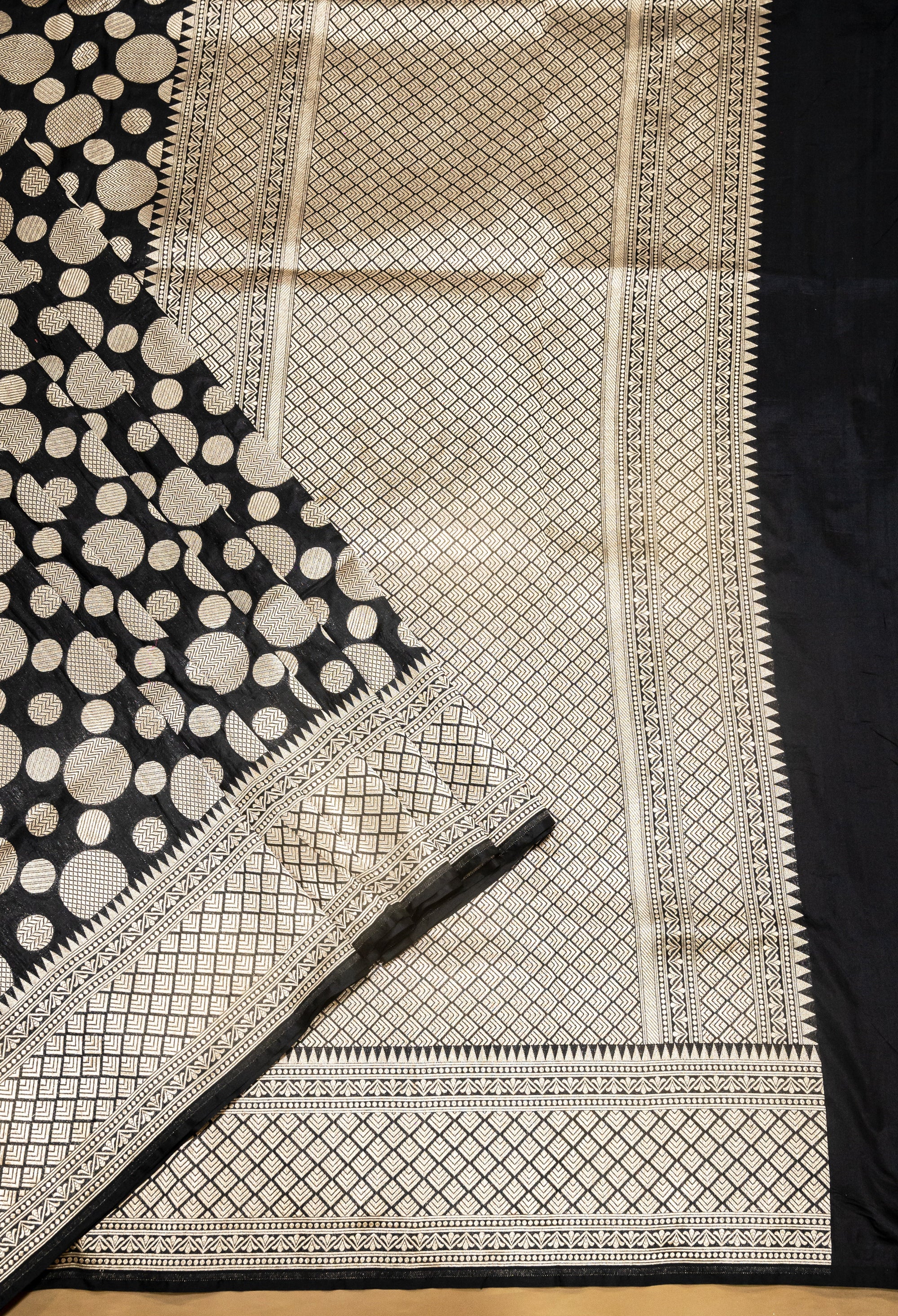 Pure Katan Silk Banarasi Handwoven Saree | Black with Gold Zari Buta | Uppada Weave | Bridal Wedding Saree