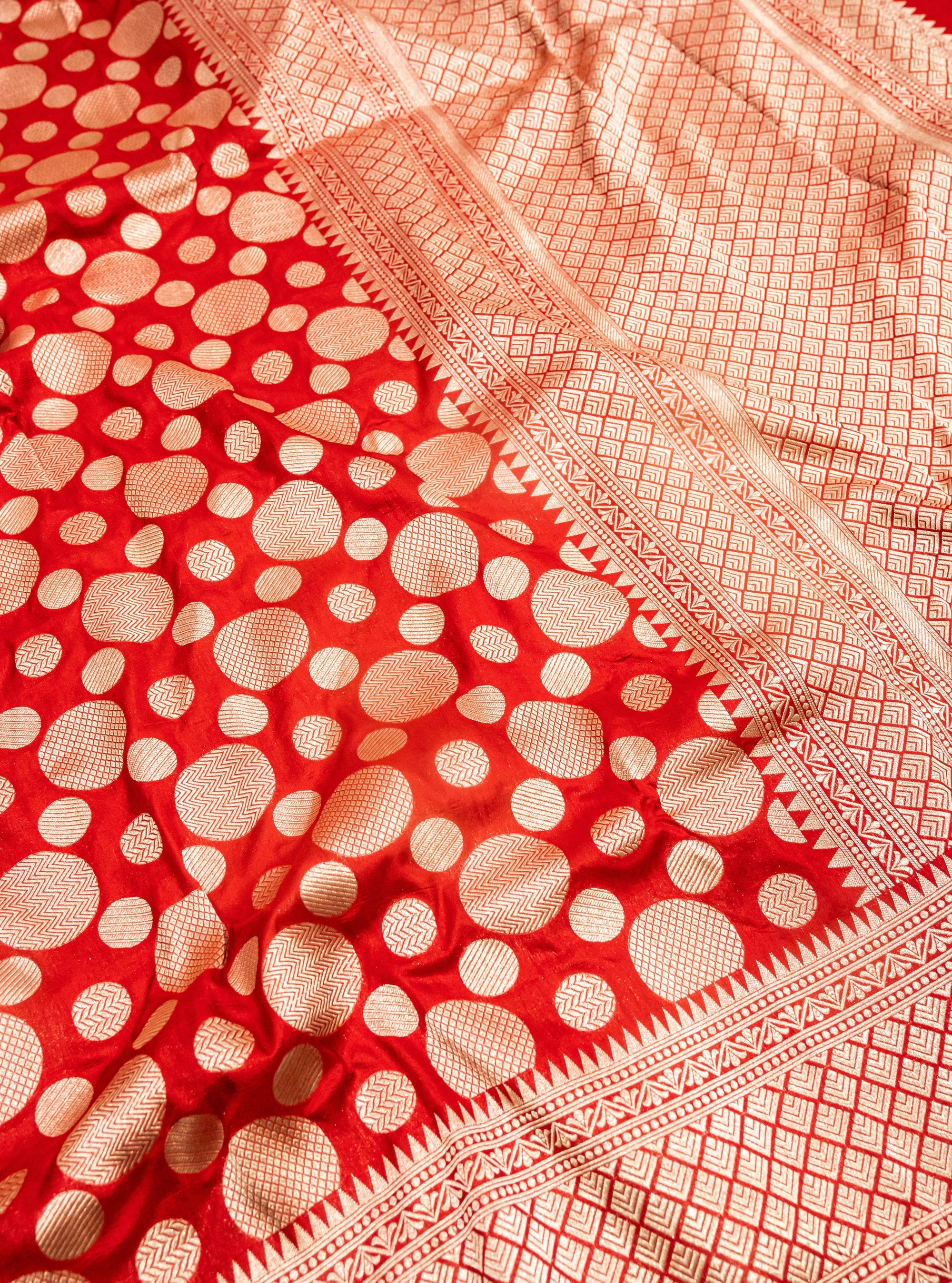 Pure Katan Silk Banarasi Handwoven Saree | Red with Gold Zari Buta | Uppada Weave | Bridal Wedding Saree