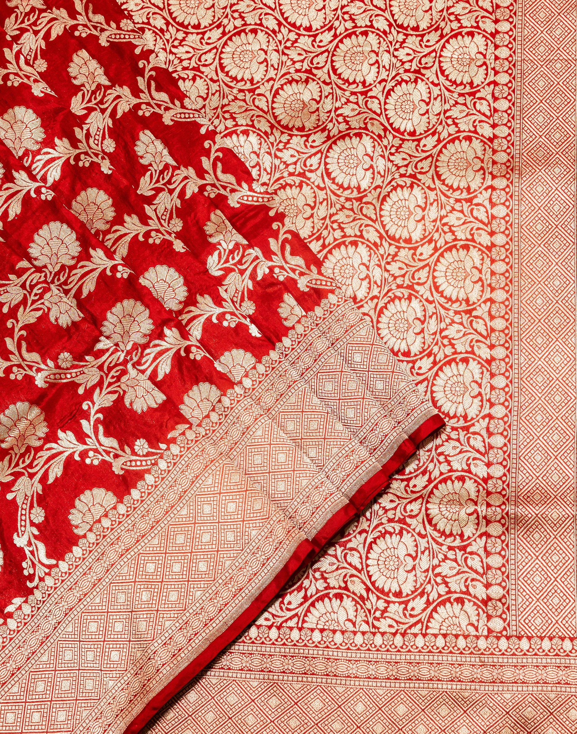 Red Uppada Jaal Pure Katan Silk Banarasi Handwoven Saree