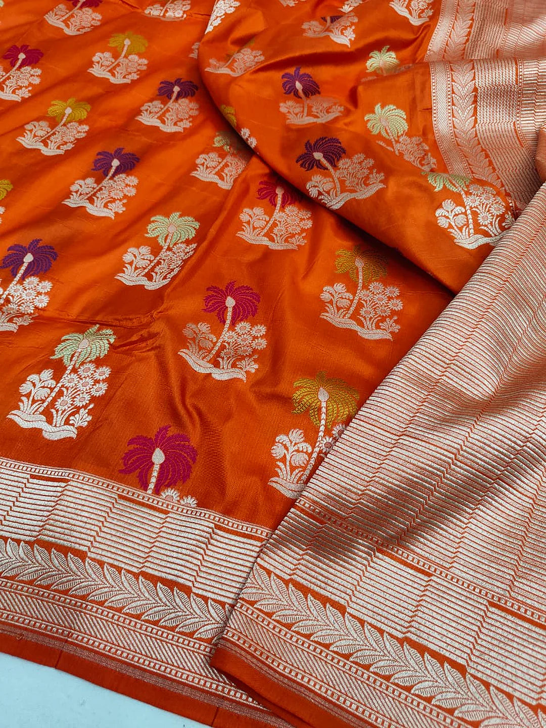 Pure Katan Silk Banarasi Saree | Intricate Minakari Uppada Weave | Vibrant Orange
