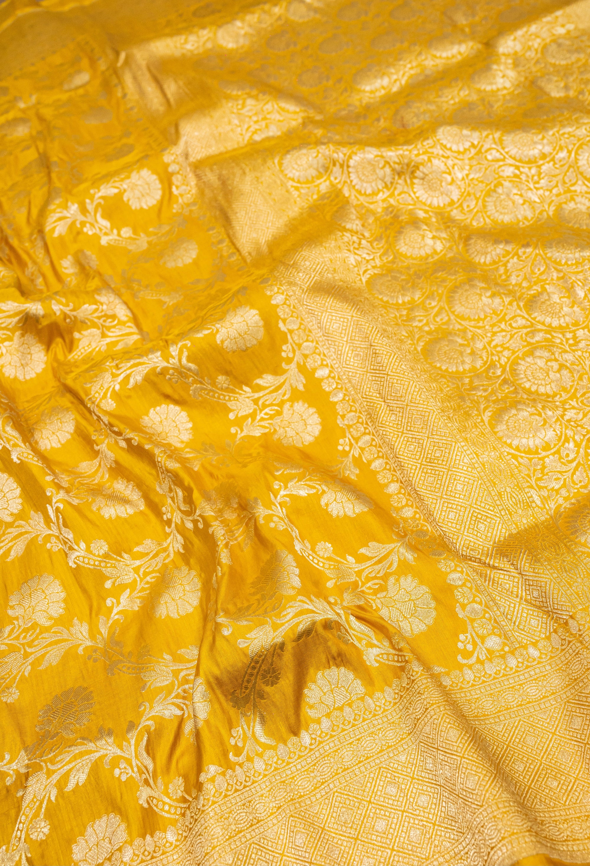 Yellow Uppada Jaal Pure Katan Silk Banarasi Handwoven Saree | Katan Banaras
