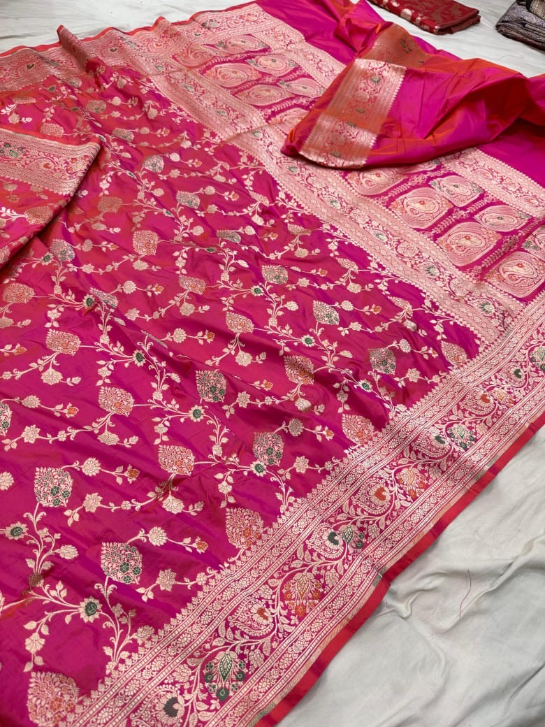 Pure Katan Silk Tilfi Minakari Banarasi Saree – Big Buta Motifs & Heavy Pallu