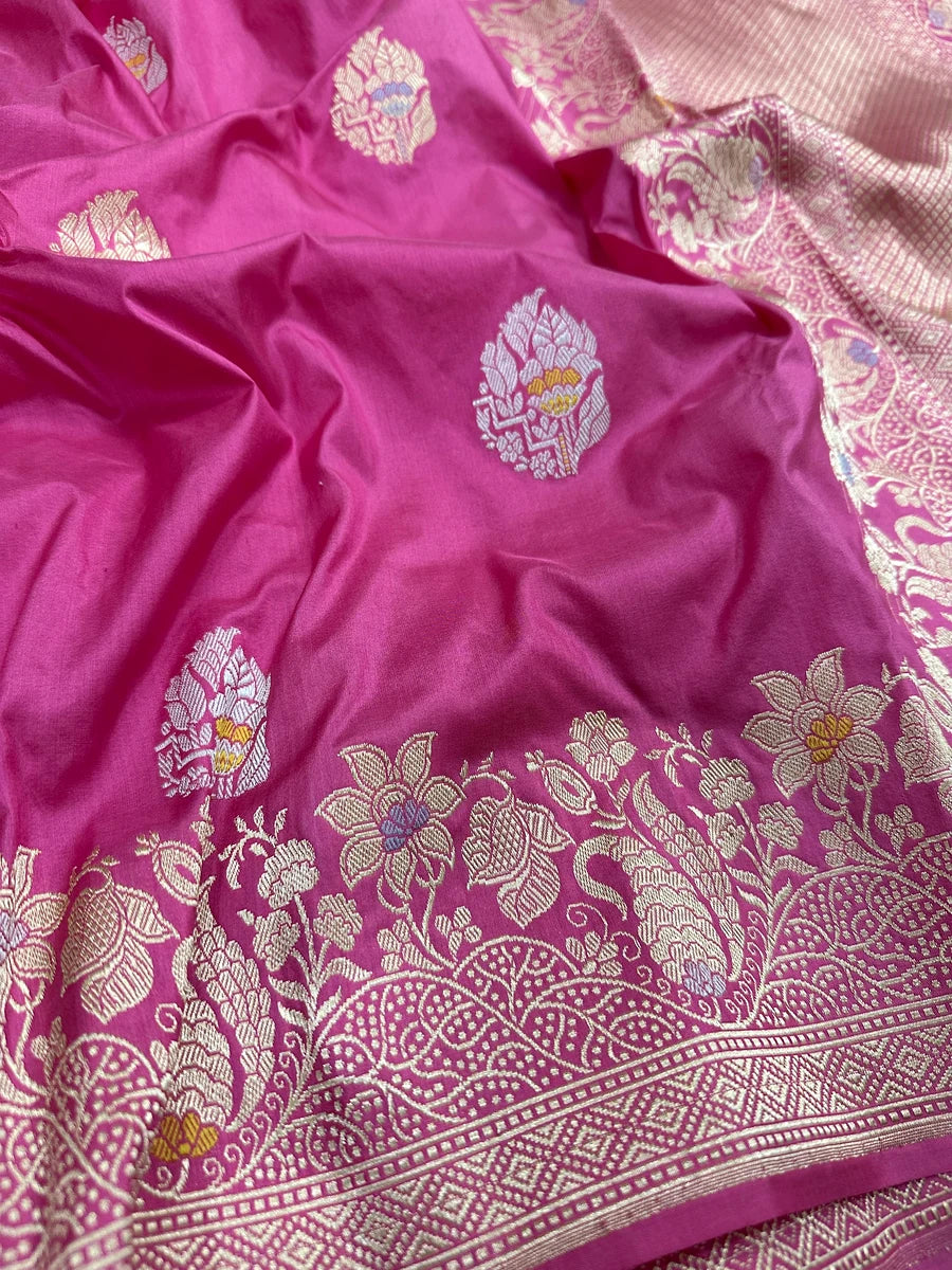 Pure Katan Silk Banarasi Saree in Soft Pink | Katan Banaras