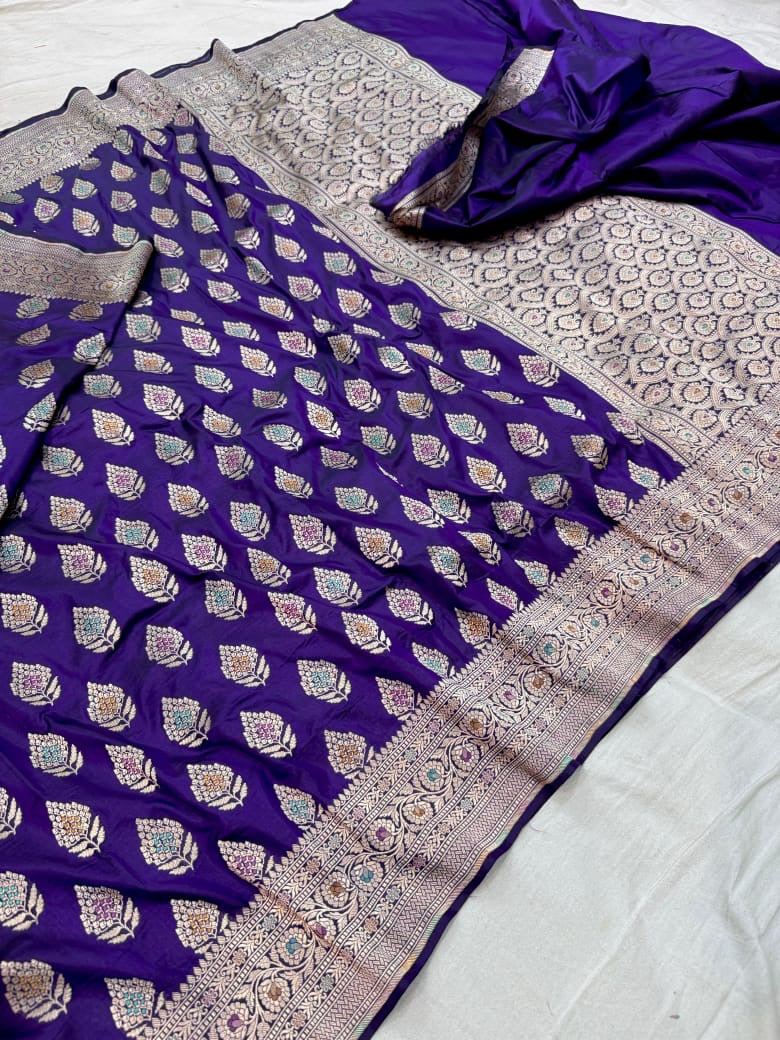 Pure Katan Silk Tilfi Minakari Banarasi Saree – Big Buta Motifs & Heavy Pallu
