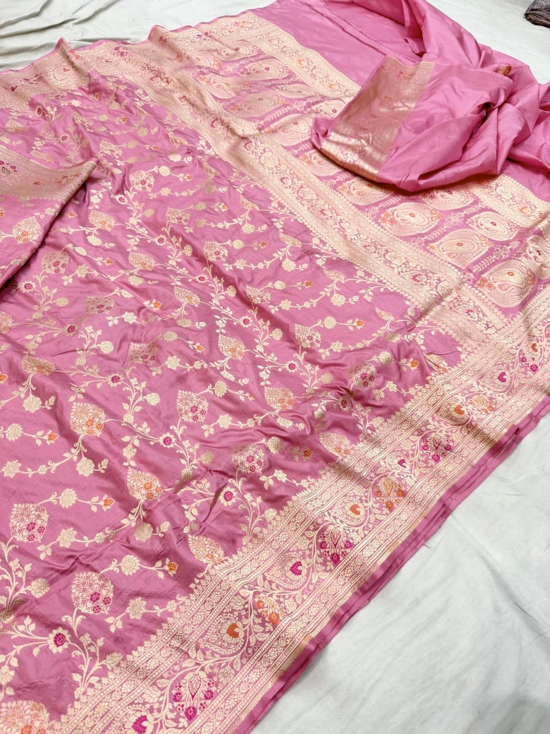 Pure Katan Silk Tilfi Minakari Banarasi Saree – Big Buta Motifs & Heavy Pallu