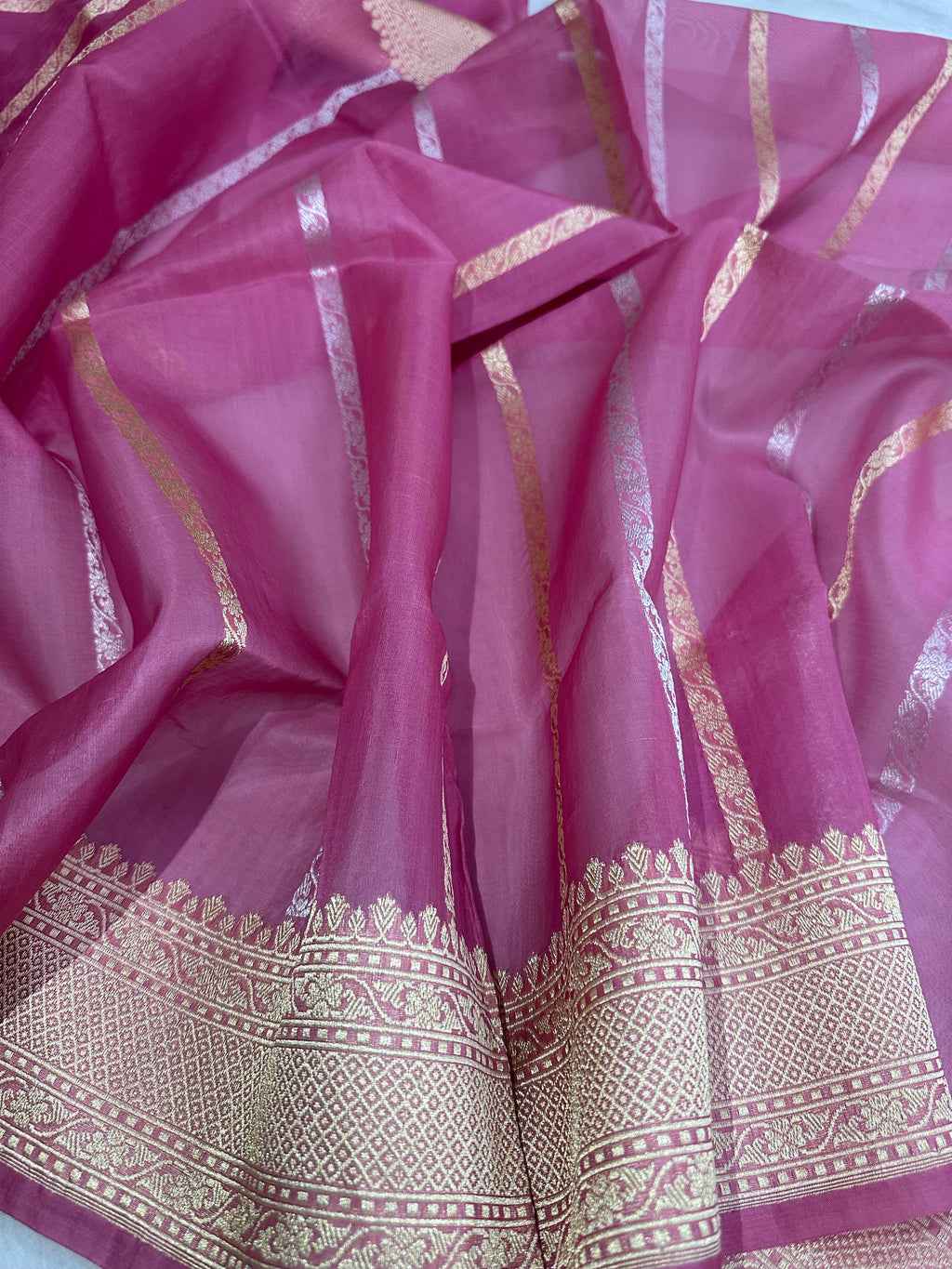 Pure Kora Silk Kadhwa Strips Handloom Saree – Real Zari Banarasi Masterpiece