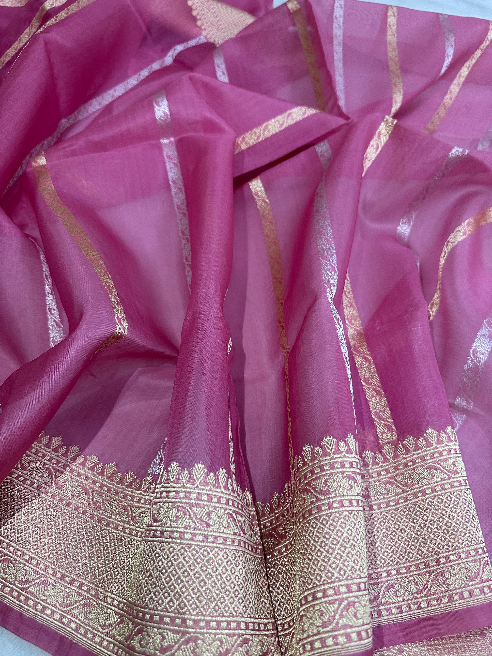 Pure Kora Silk Kadhwa Strips Handloom Saree – Real Zari Banarasi Masterpiece