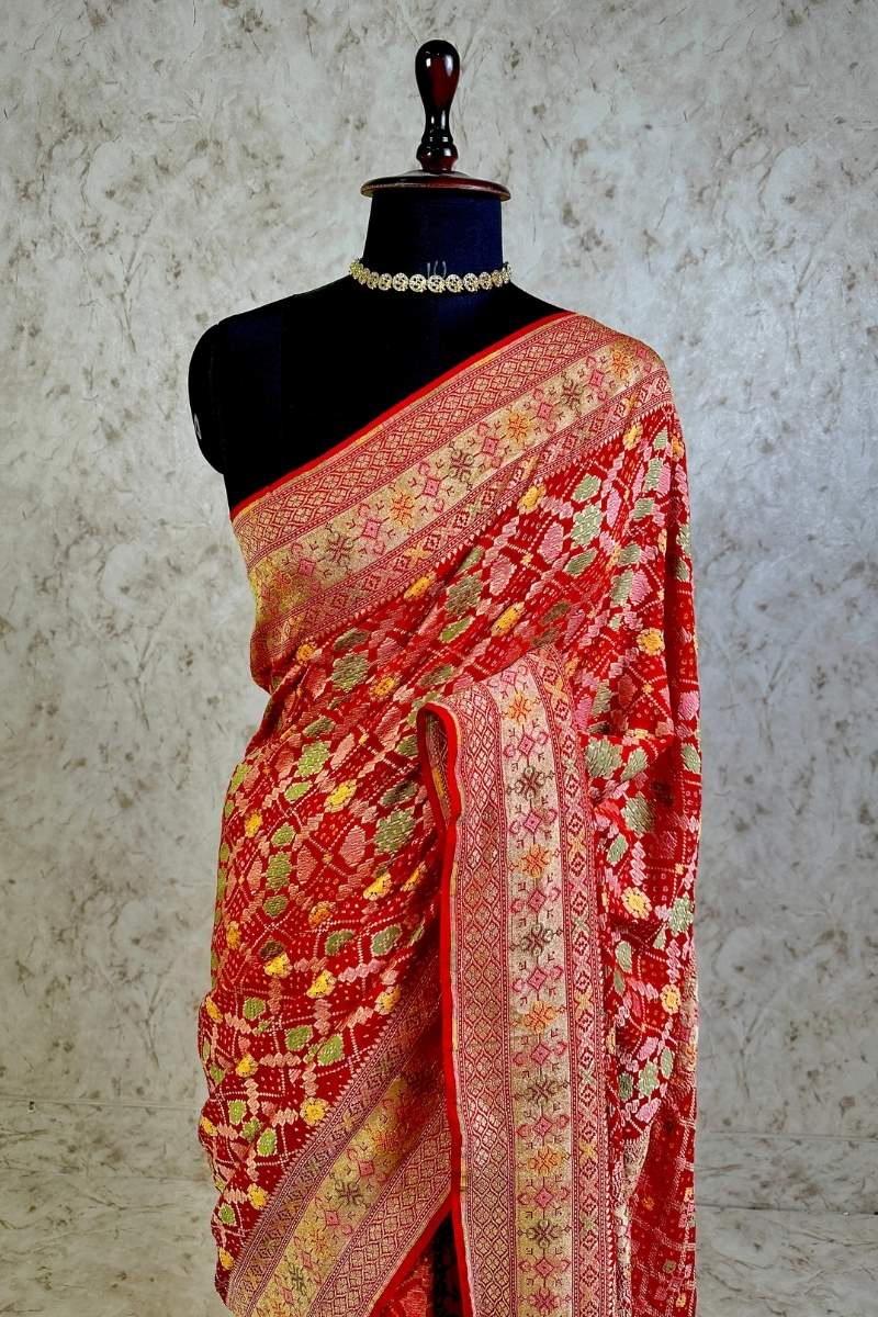 Crimson Red Pure Khaddi Georgette Bandhani Saree with Tilfi Minakari & Banarasi Zari Border