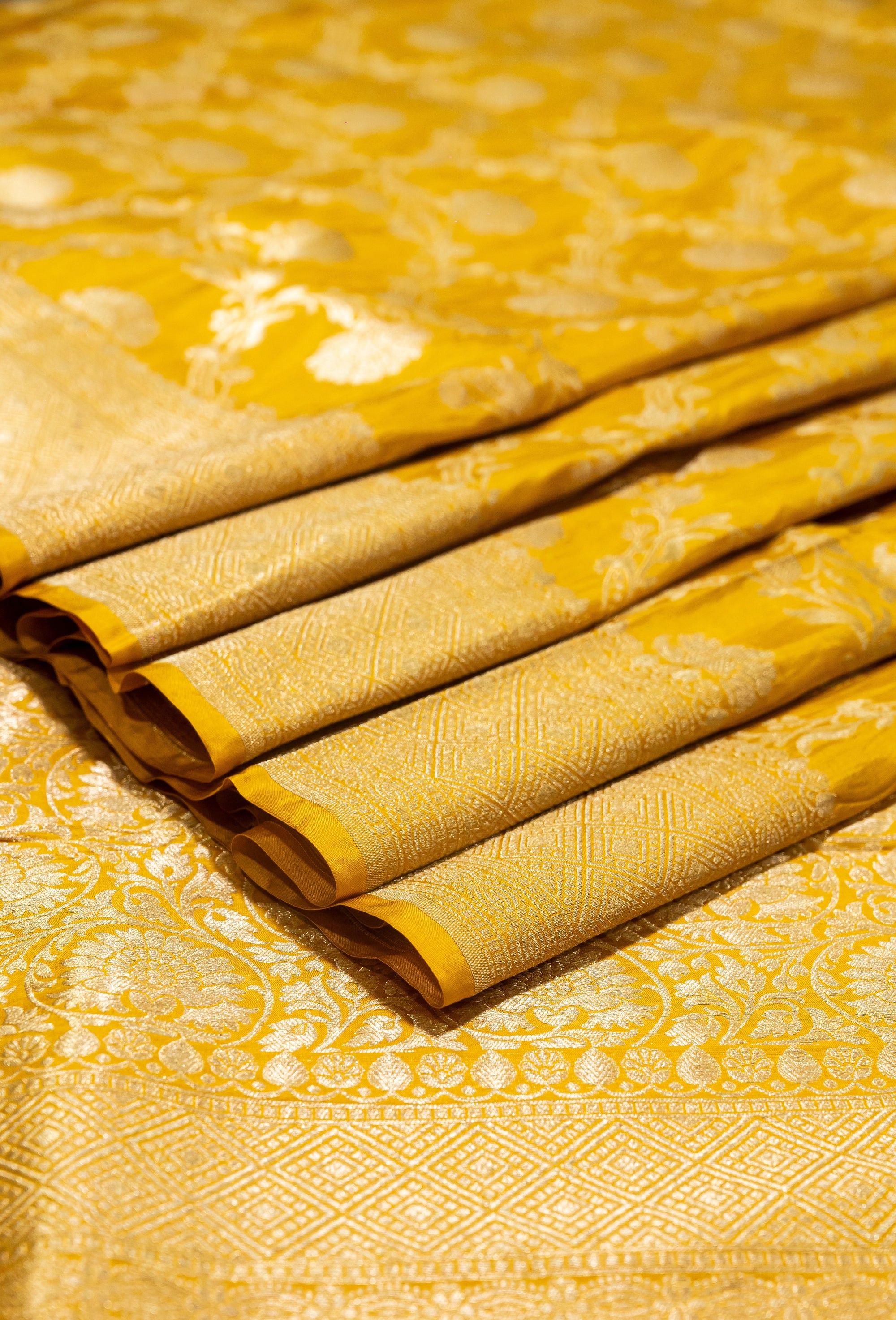 Yellow Uppada Jaal Pure Katan Silk Banarasi Handwoven Saree | Katan Banaras
