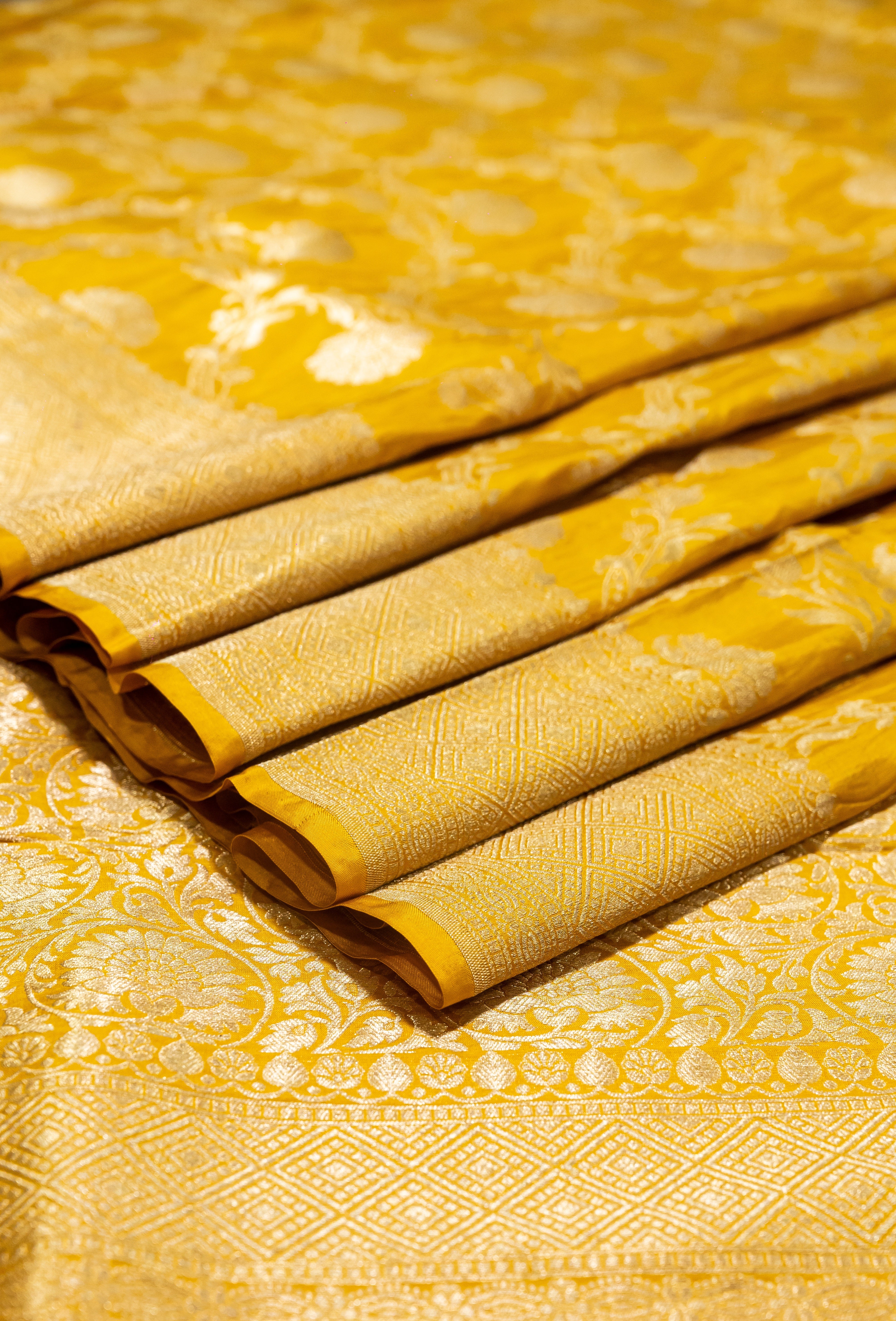 Yellow Uppada Jaal Pure Katan Silk Banarasi Handwoven Saree | Katan Banaras