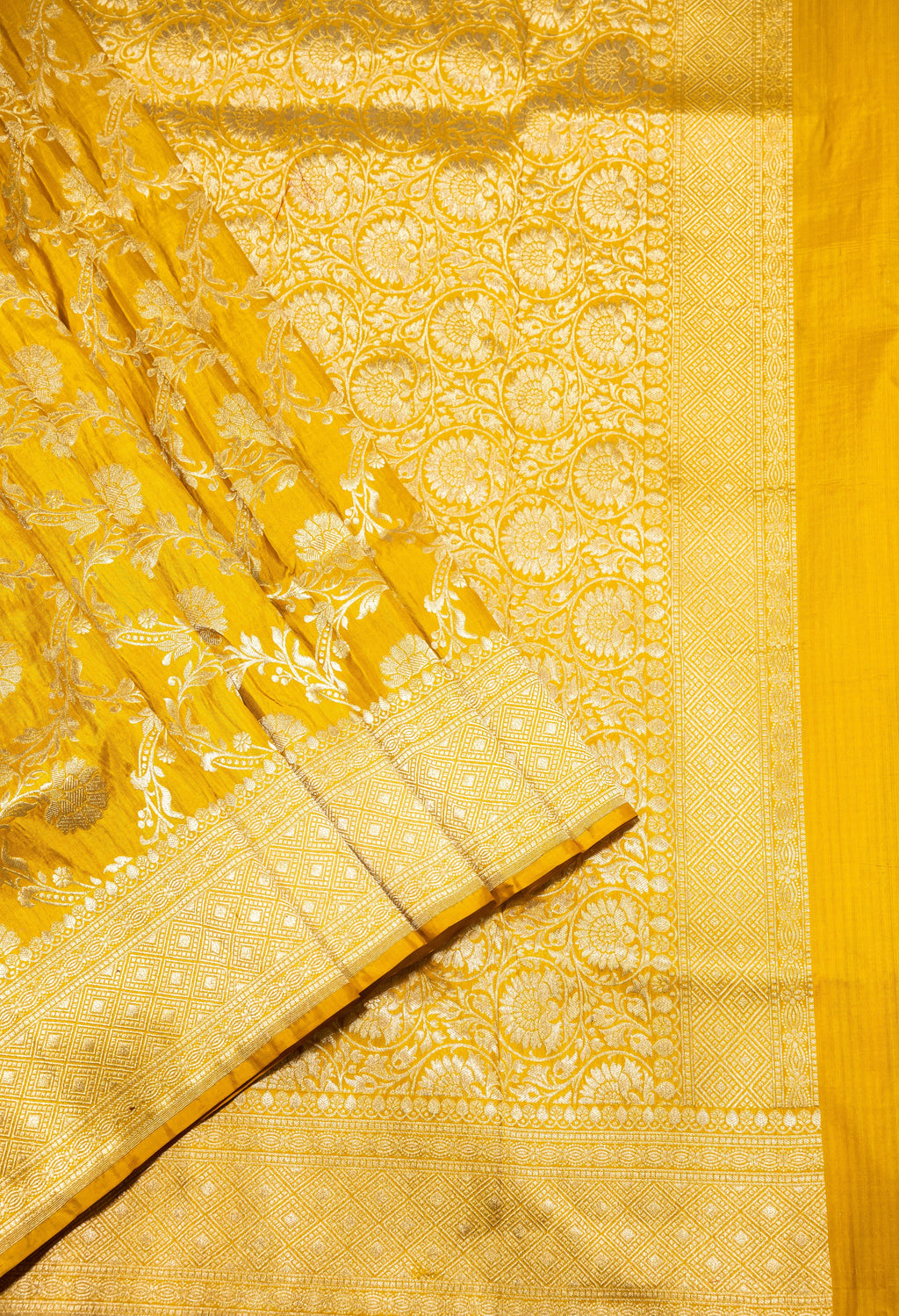 Yellow Uppada Jaal Pure Katan Silk Banarasi Handwoven Saree | Katan Banaras