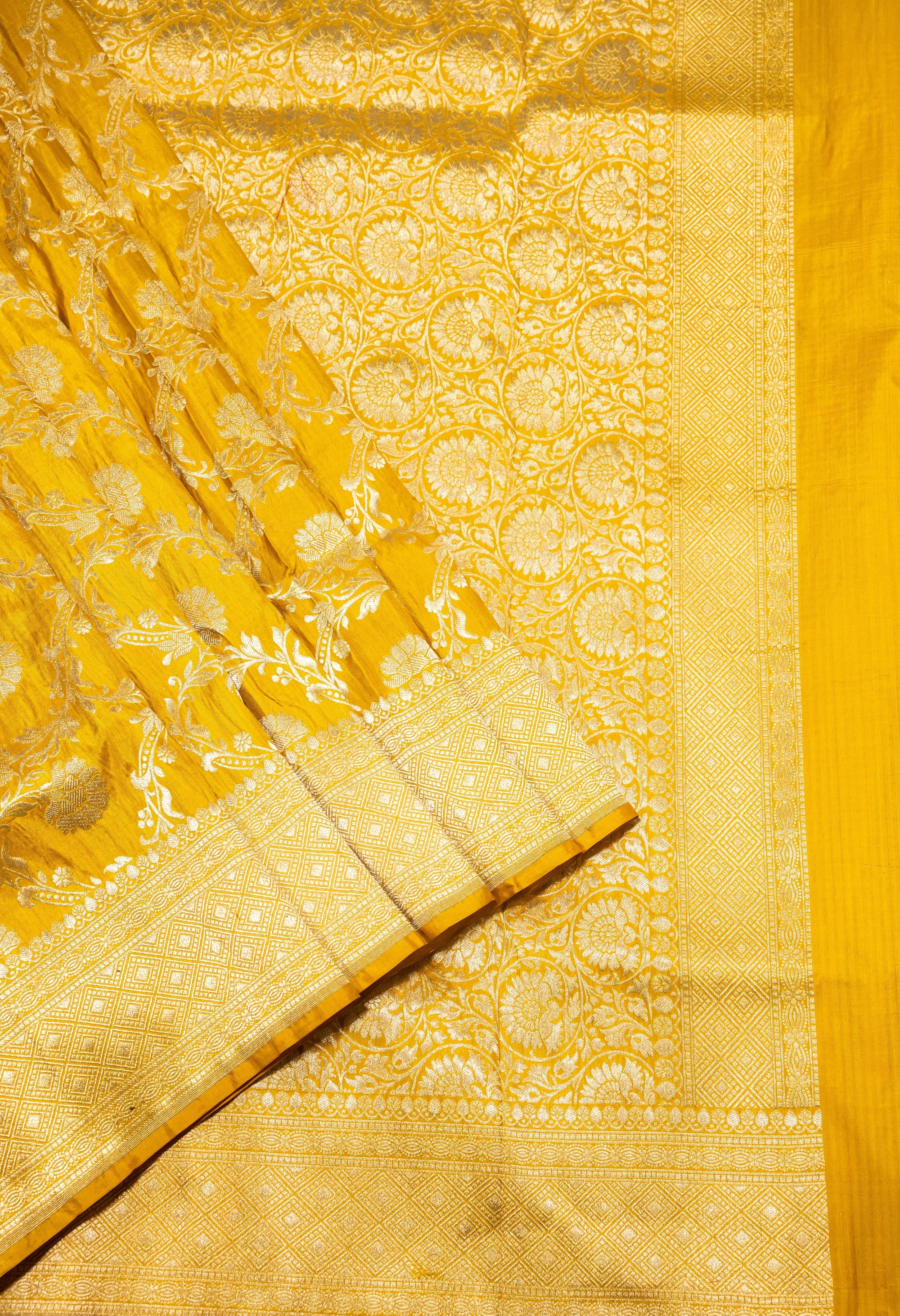 Yellow Uppada Jaal Pure Katan Silk Banarasi Handwoven Saree | Katan Banaras