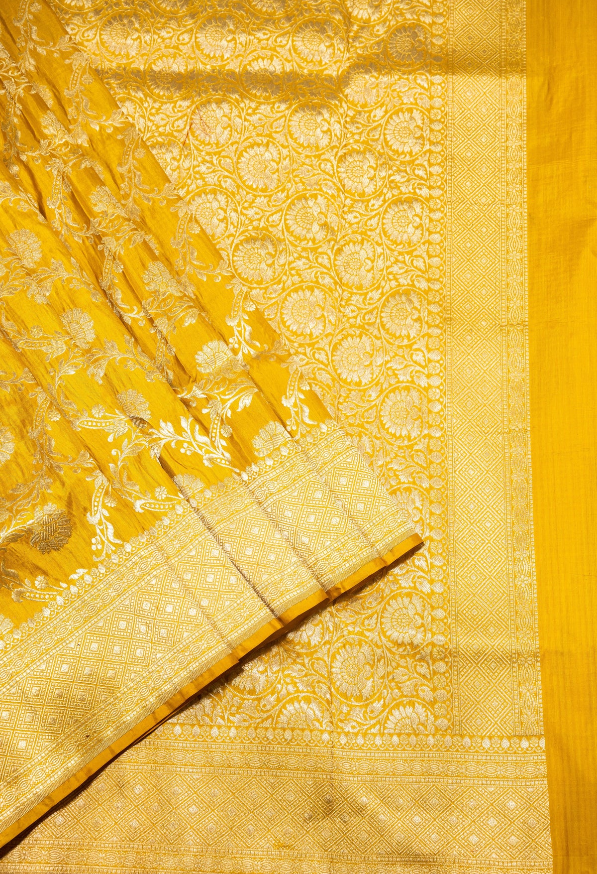 Yellow Uppada Jaal Pure Katan Silk Banarasi Handwoven Saree | Katan Banaras