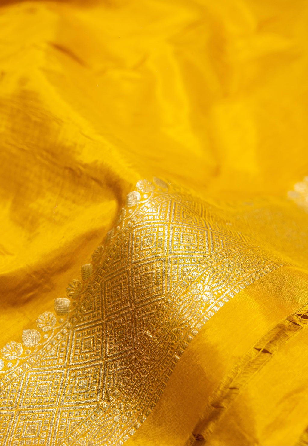 Yellow Uppada Jaal Pure Katan Silk Banarasi Handwoven Saree | Katan Banaras