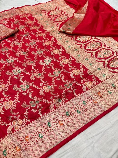 () Pure Katan Silk Tilfi Minakari Banarasi Saree – Big Buta Motifs & Heavy Pallu