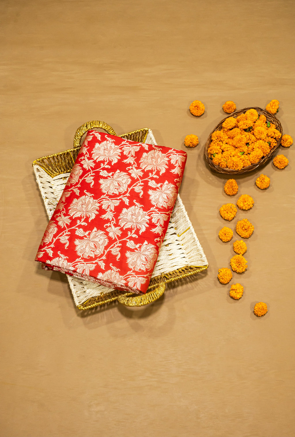 Red Uppada Jaal Pure Katan Silk Banarasi Handwoven Saree — Dense Floral Vine Gold Zari