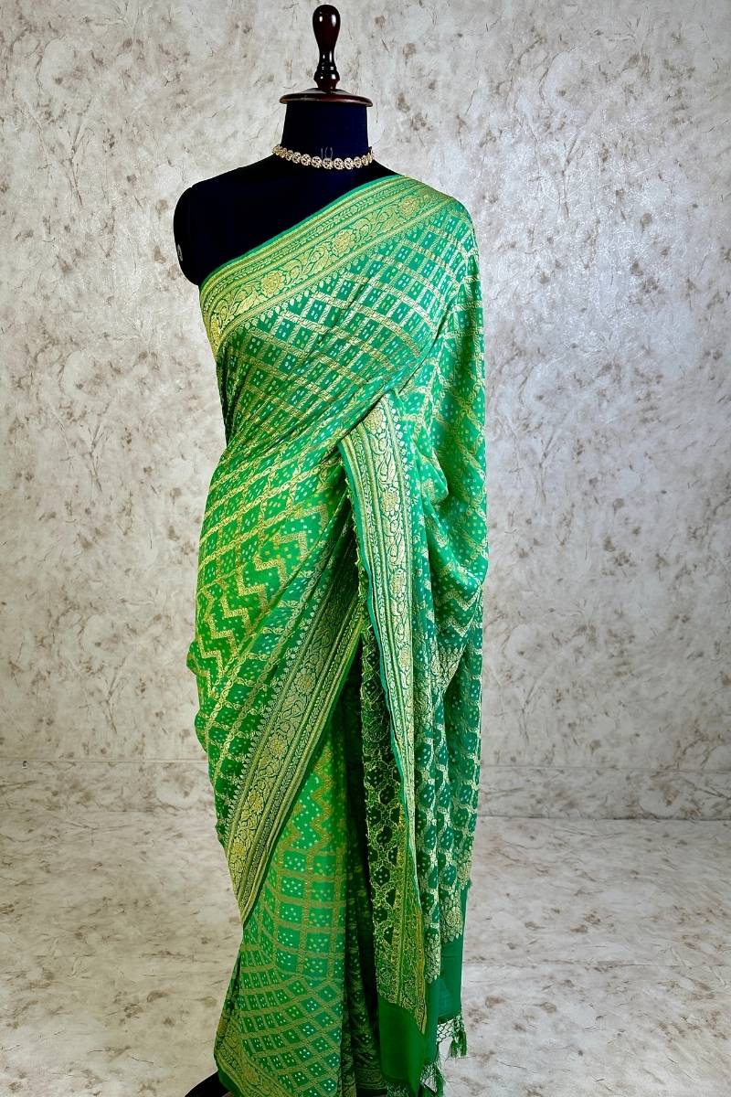 Natural Green Pure Khaddi Georgette Bandhani Saree Banarasi