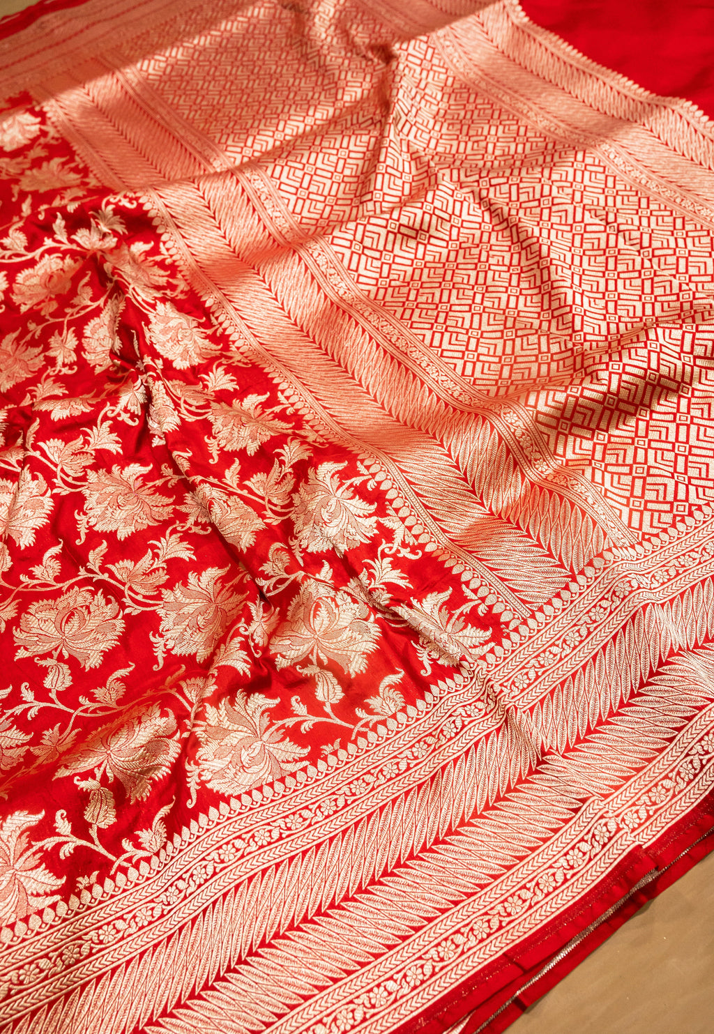 Red Uppada Jaal Pure Katan Silk Banarasi Handwoven Saree — Dense Floral Vine Gold Zari