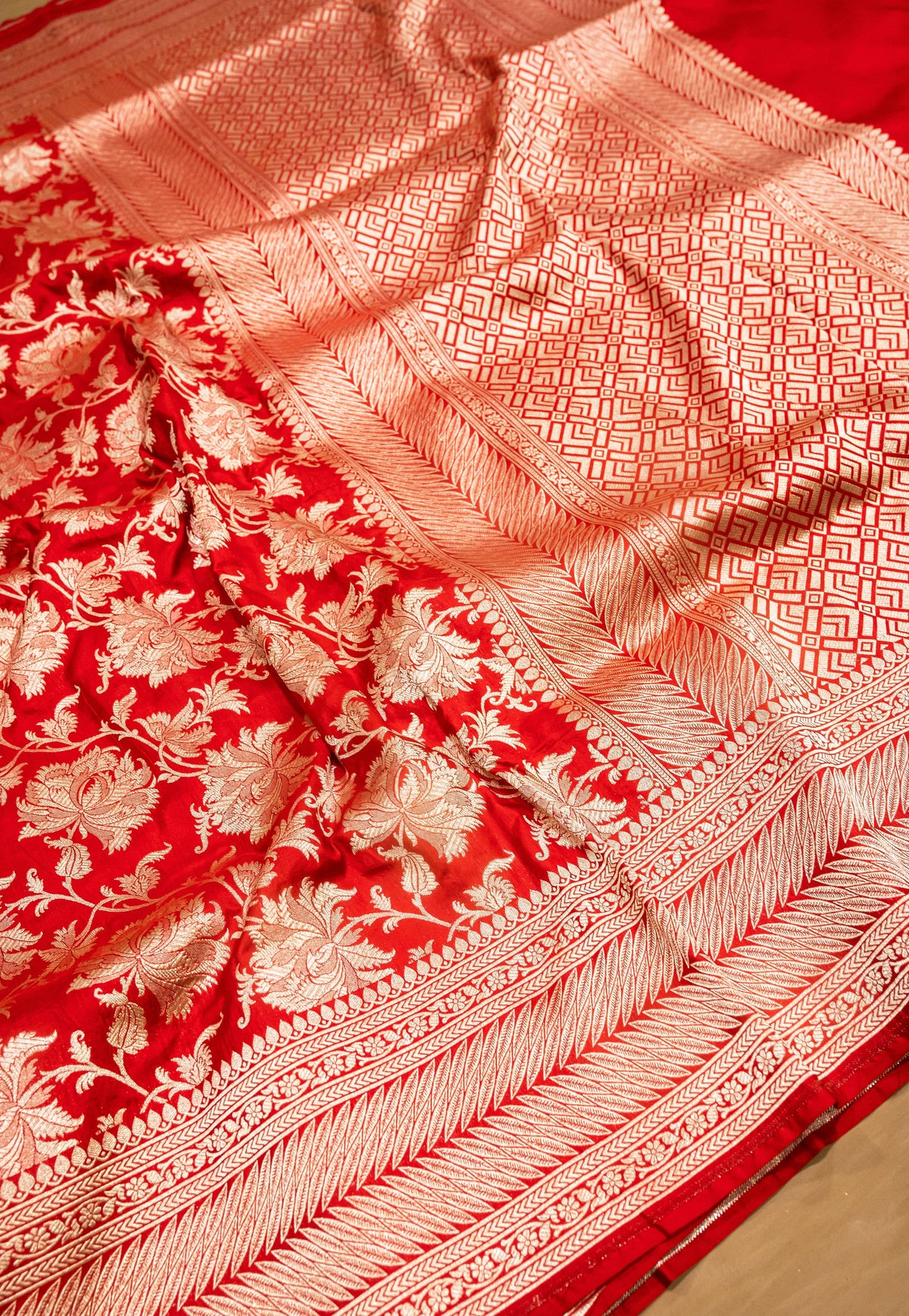 Red Uppada Jaal Pure Katan Silk Banarasi Handwoven Saree — Dense Floral Vine Gold Zari