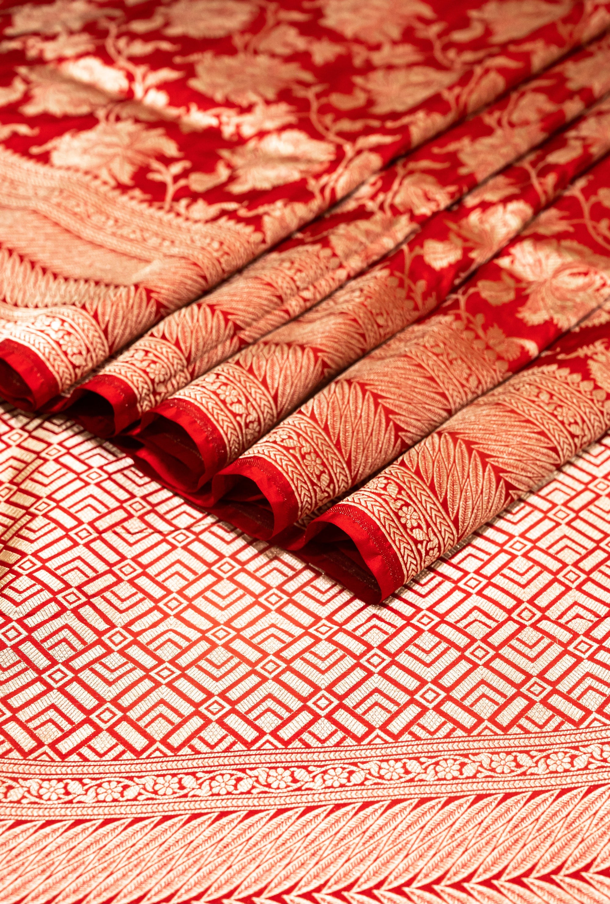 Red Uppada Jaal Pure Katan Silk Banarasi Handwoven Saree — Dense Floral Vine Gold Zari