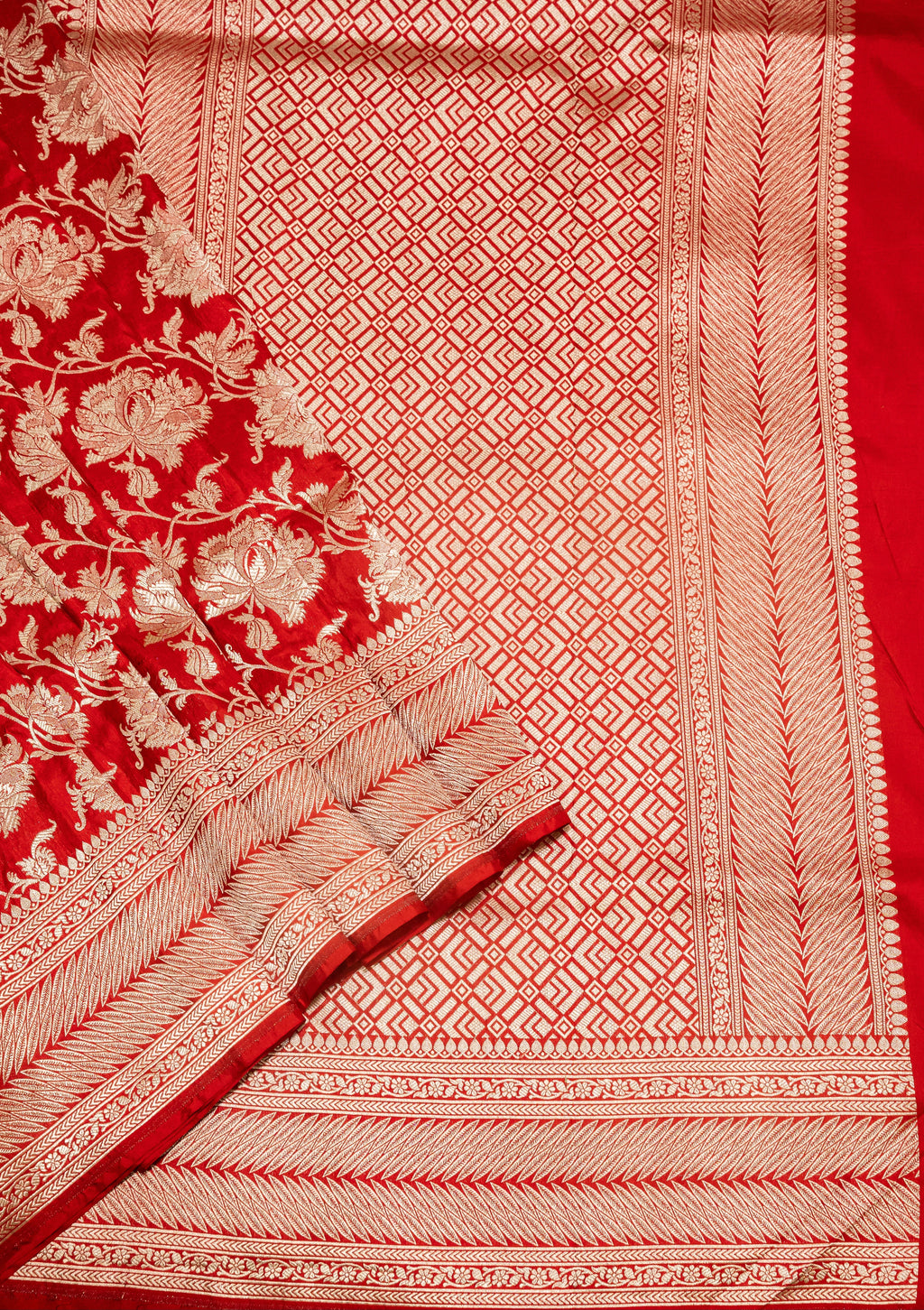 Red Uppada Jaal Pure Katan Silk Banarasi Handwoven Saree — Dense Floral Vine Gold Zari