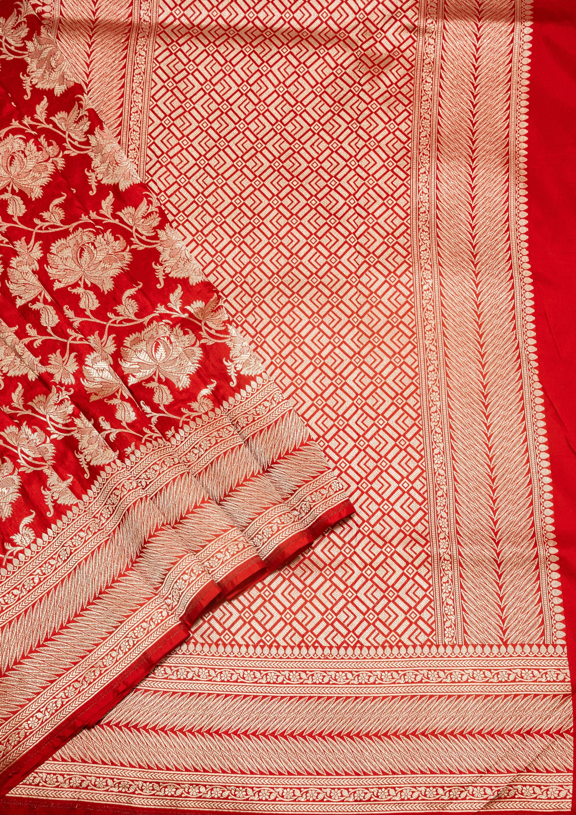 Red Uppada Jaal Pure Katan Silk Banarasi Handwoven Saree — Dense Floral Vine Gold Zari
