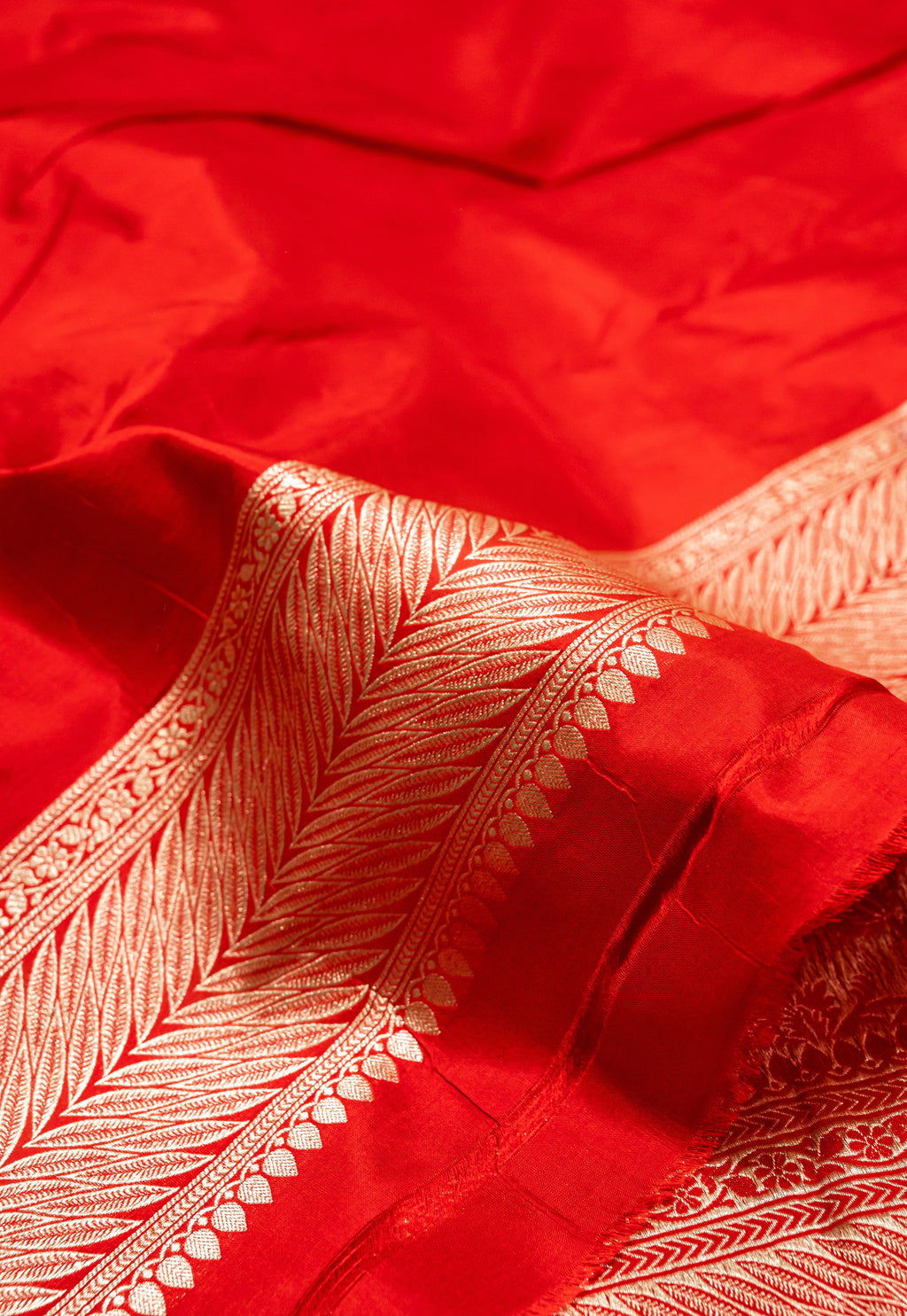 Red Uppada Jaal Pure Katan Silk Banarasi Handwoven Saree — Dense Floral Vine Gold Zari