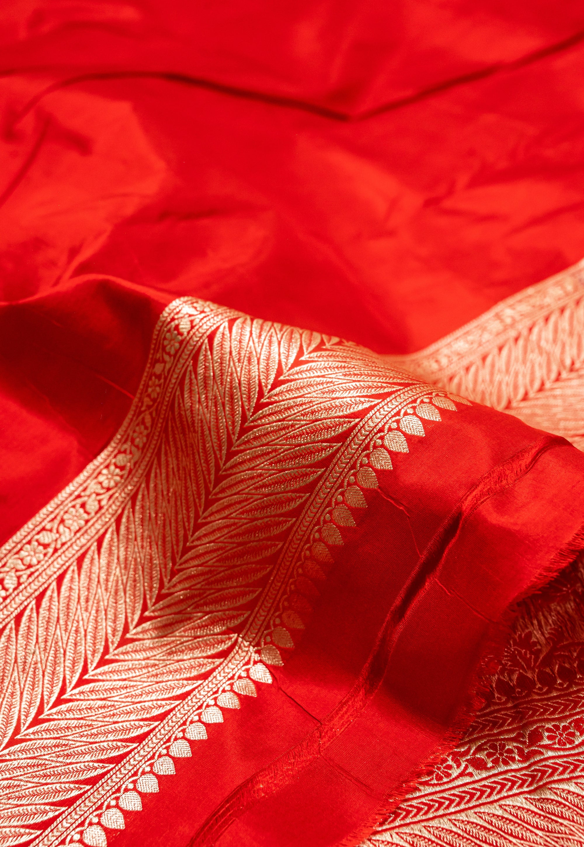 Red Uppada Jaal Pure Katan Silk Banarasi Handwoven Saree — Dense Floral Vine Gold Zari