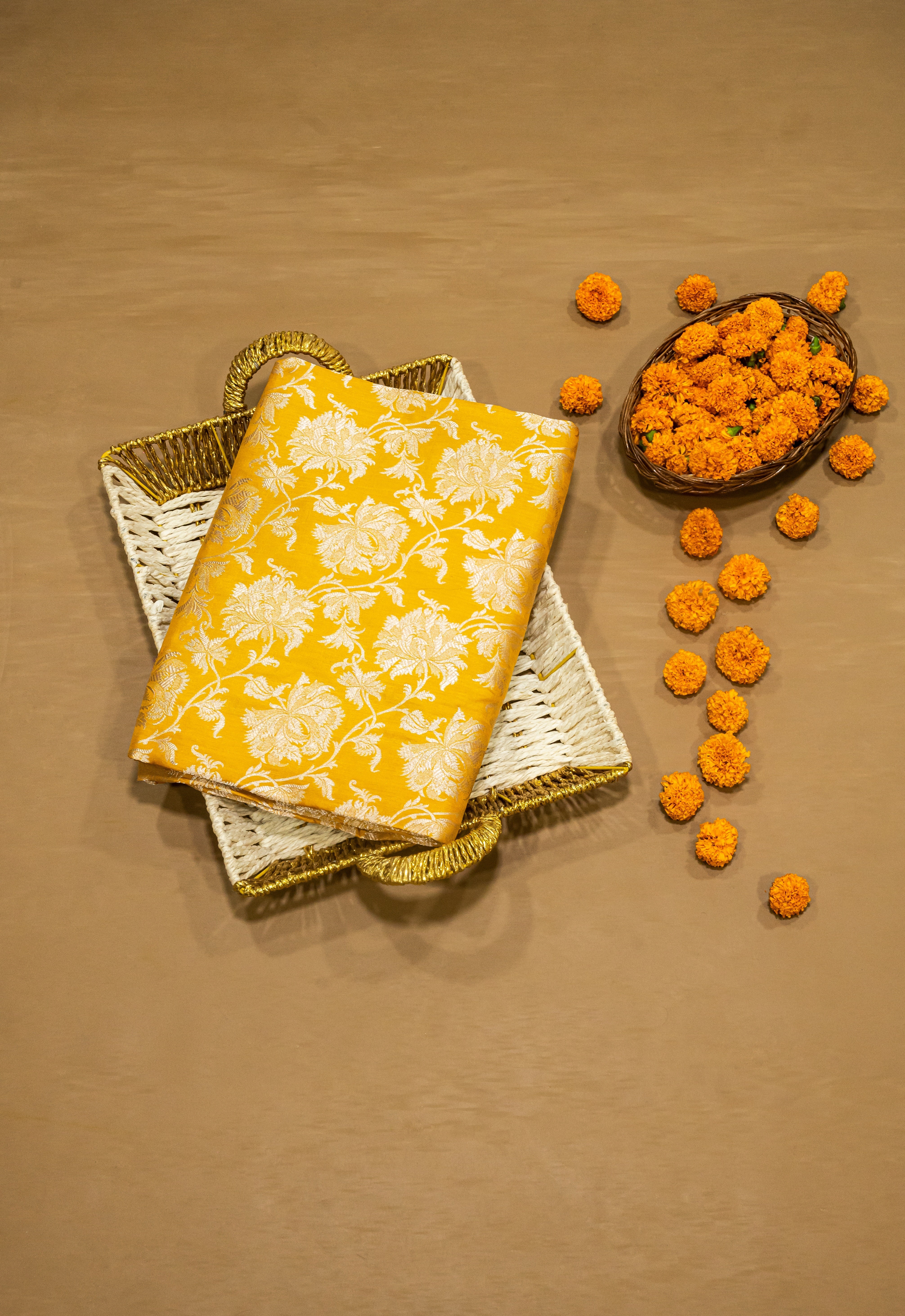 Pure Katan Silk Banarasi Handwoven Saree | Golden Yellow with Self-Tone Gold Zari Jaal | Uppada Weave | Bridal Festive Saree