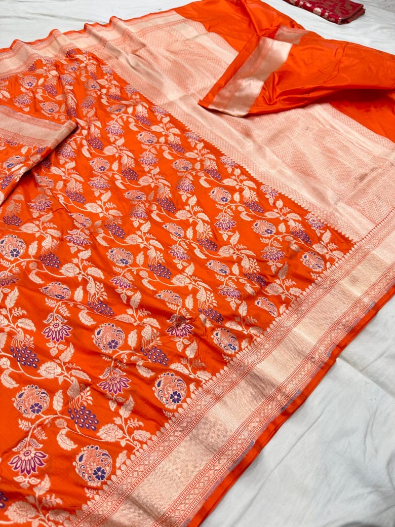 Pure Katan Silk Tilfi Minakari Banarasi Saree – Big Buta Motifs & Heavy Pallu