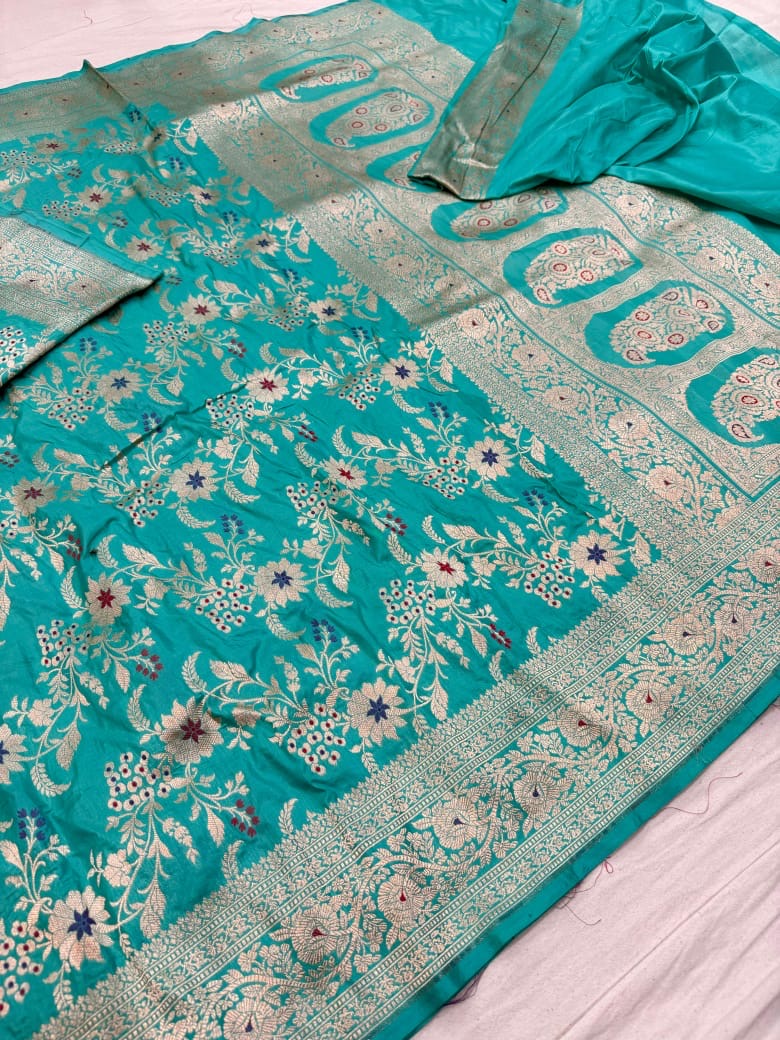 Pure Katan Silk Tilfi Minakari Banarasi Saree – Big Buta Motifs & Heavy Pallu
