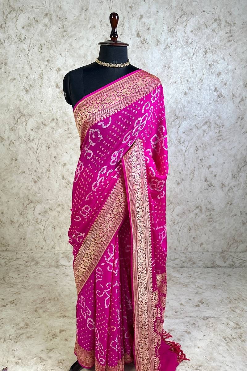 Bright Pink Pure Khaddi Georgette Bandhani Saree with Banarasi Zari Border