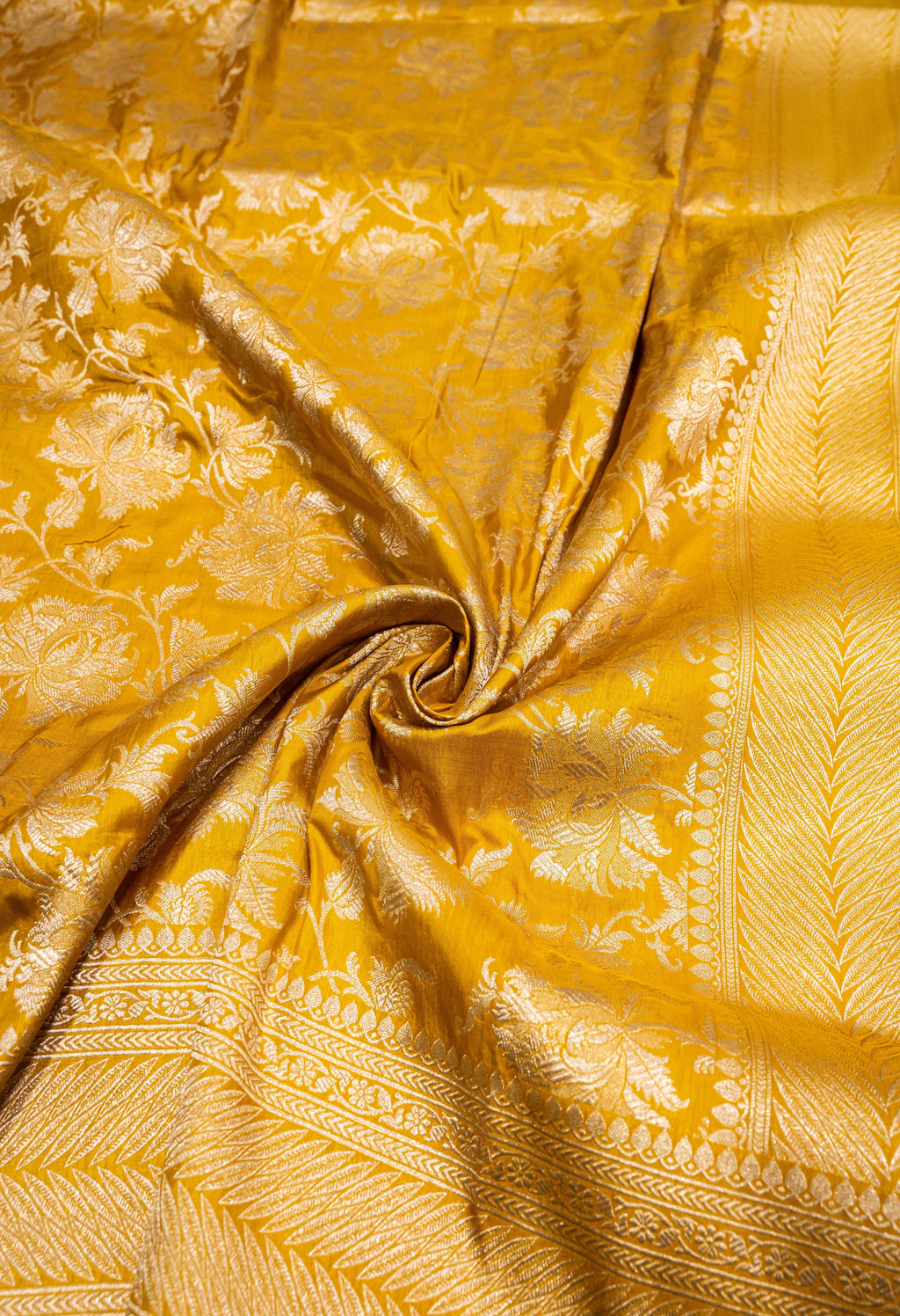 Pure Katan Silk Banarasi Handwoven Saree | Golden Yellow with Self-Tone Gold Zari Jaal | Uppada Weave | Bridal Festive Saree
