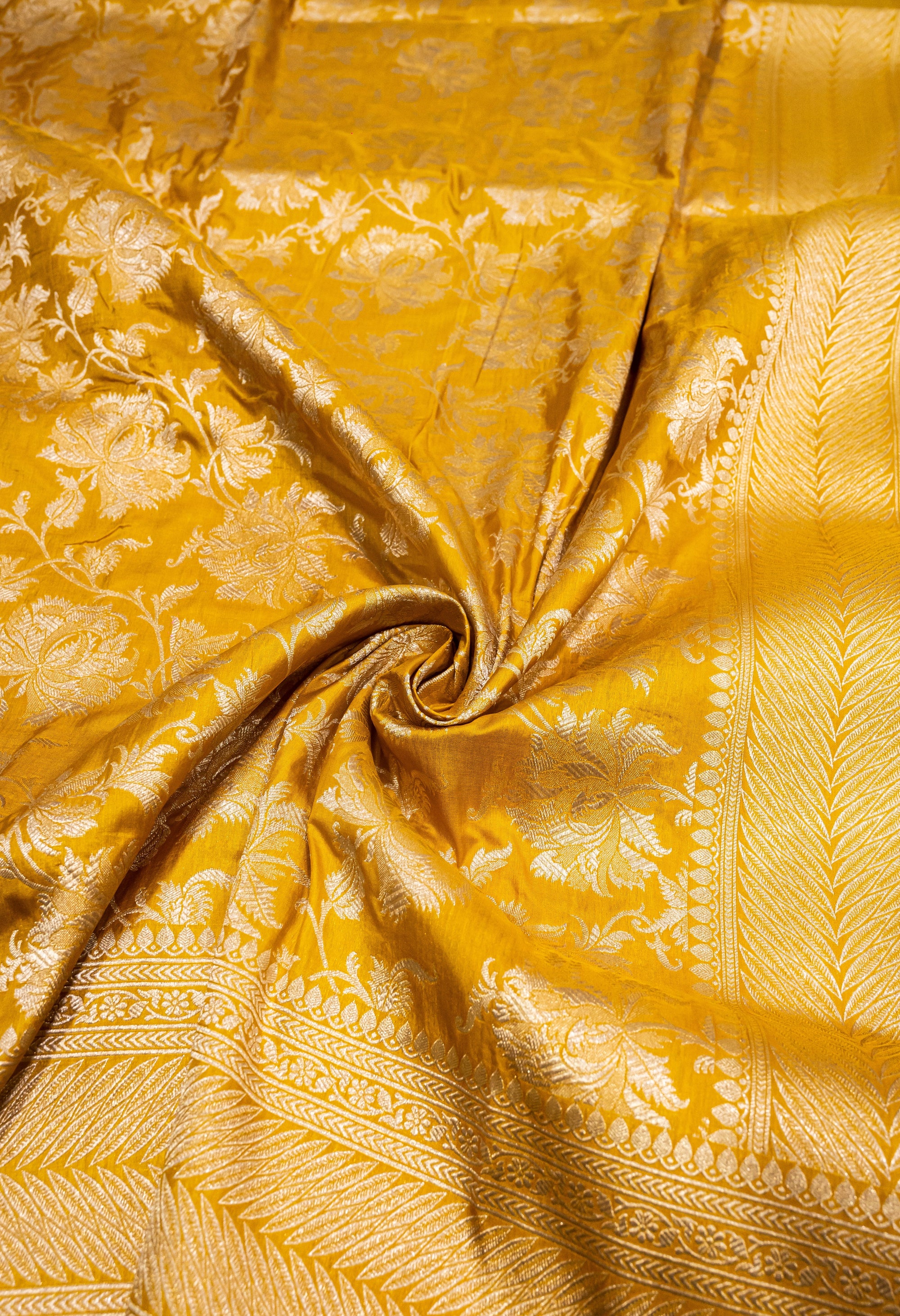 Pure Katan Silk Banarasi Handwoven Saree | Golden Yellow with Self-Tone Gold Zari Jaal | Uppada Weave | Bridal Festive Saree