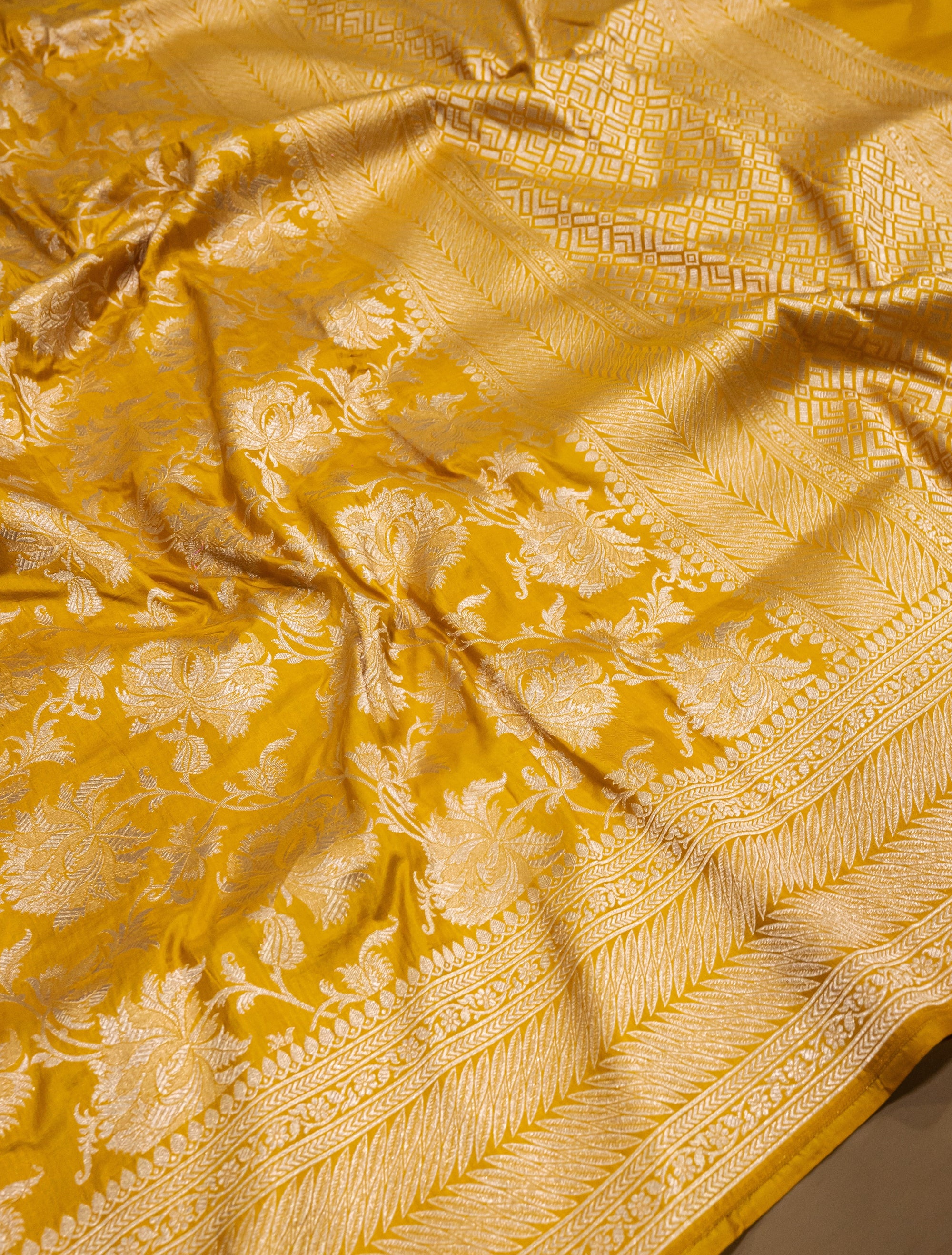 Pure Katan Silk Banarasi Handwoven Saree | Golden Yellow with Self-Tone Gold Zari Jaal | Uppada Weave | Bridal Festive Saree
